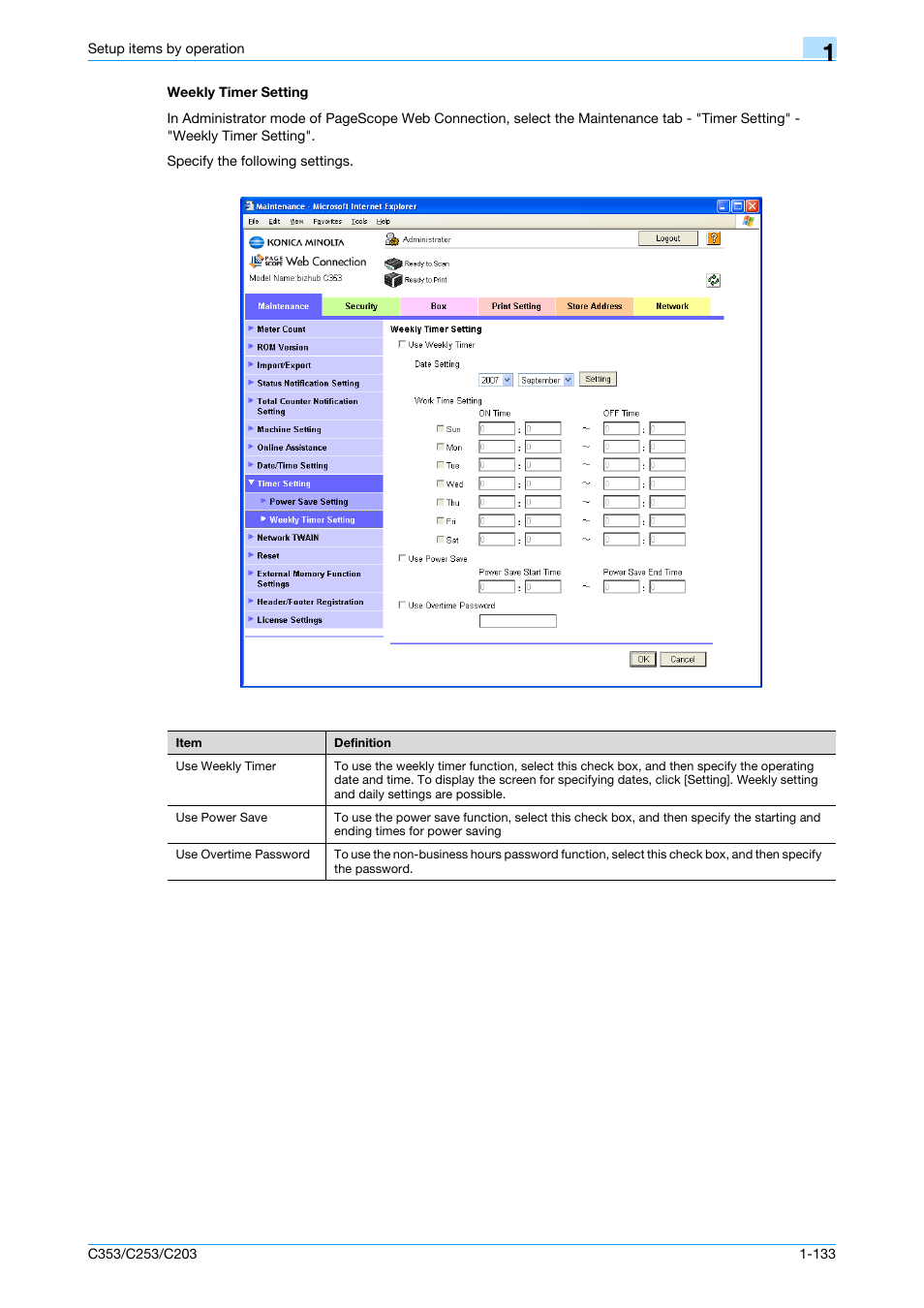 Weekly timer setting, Weekly timer setting -133 | Konica Minolta bizhub C353 User Manual | Page 146 / 220