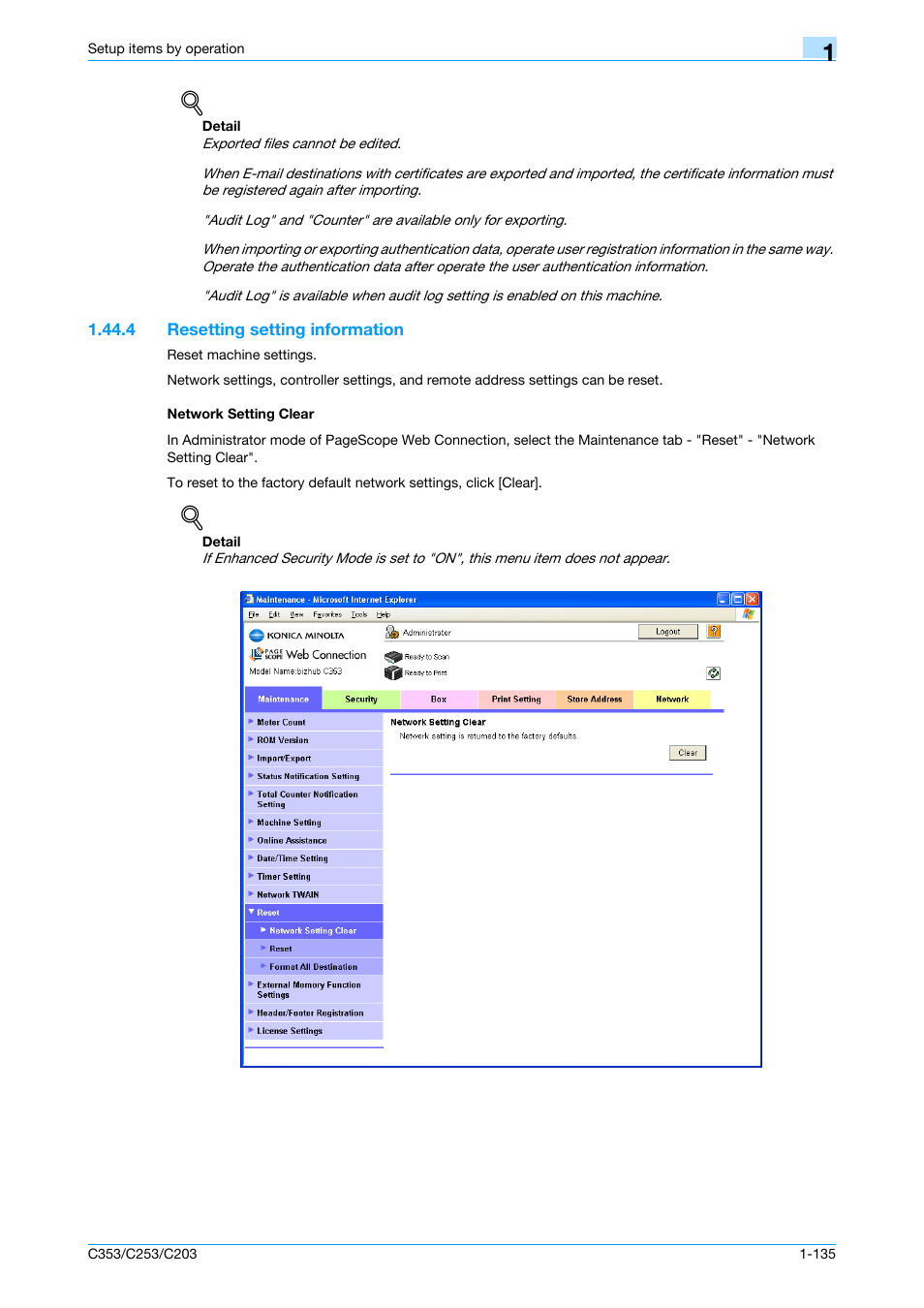 4 resetting setting information, Network setting clear | Konica Minolta bizhub C353 User Manual | Page 148 / 220