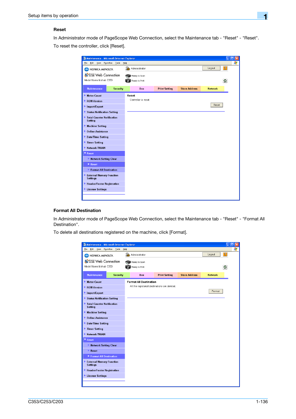 Reset, Format all destination, Reset -136 format all destination -136 | Konica Minolta bizhub C353 User Manual | Page 149 / 220