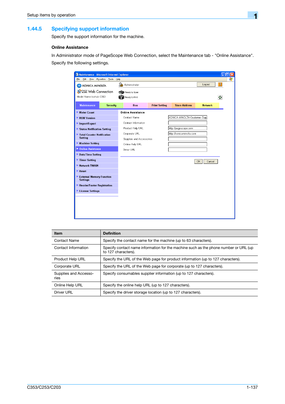 5 specifying support information, Online assistance | Konica Minolta bizhub C353 User Manual | Page 150 / 220