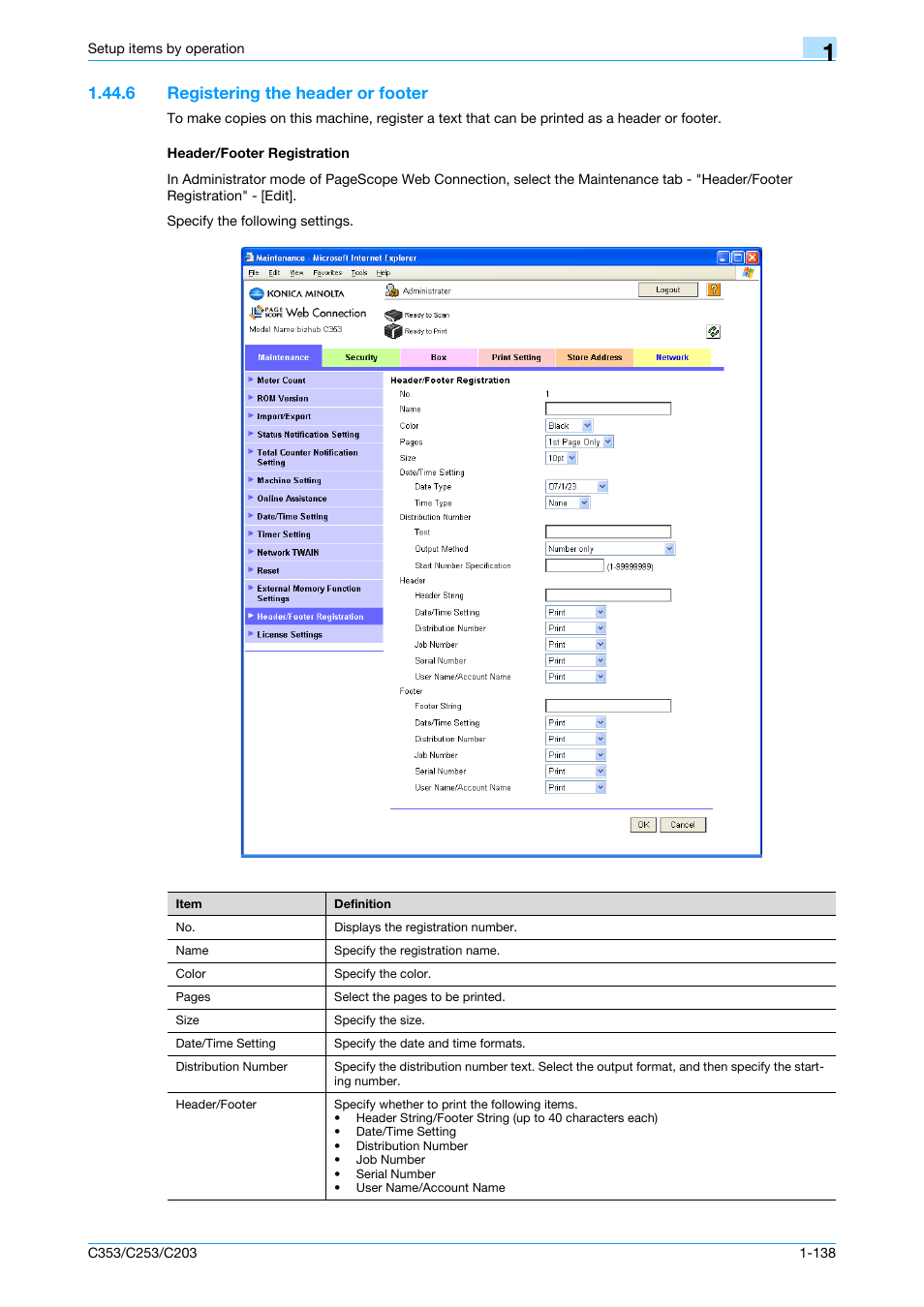 6 registering the header or footer, Header/footer registration | Konica Minolta bizhub C353 User Manual | Page 151 / 220