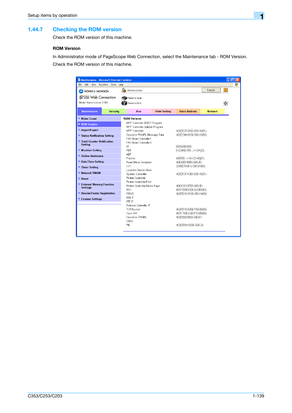 7 checking the rom version, Rom version, Checking the rom version -139 rom version -139 | Konica Minolta bizhub C353 User Manual | Page 152 / 220