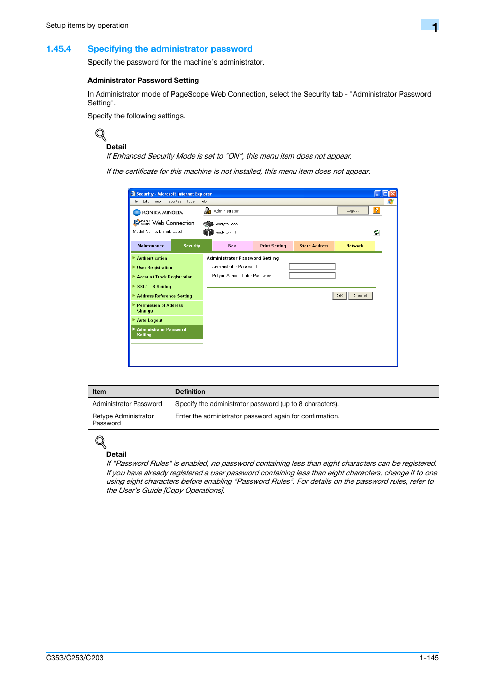 4 specifying the administrator password, Administrator password setting | Konica Minolta bizhub C353 User Manual | Page 158 / 220