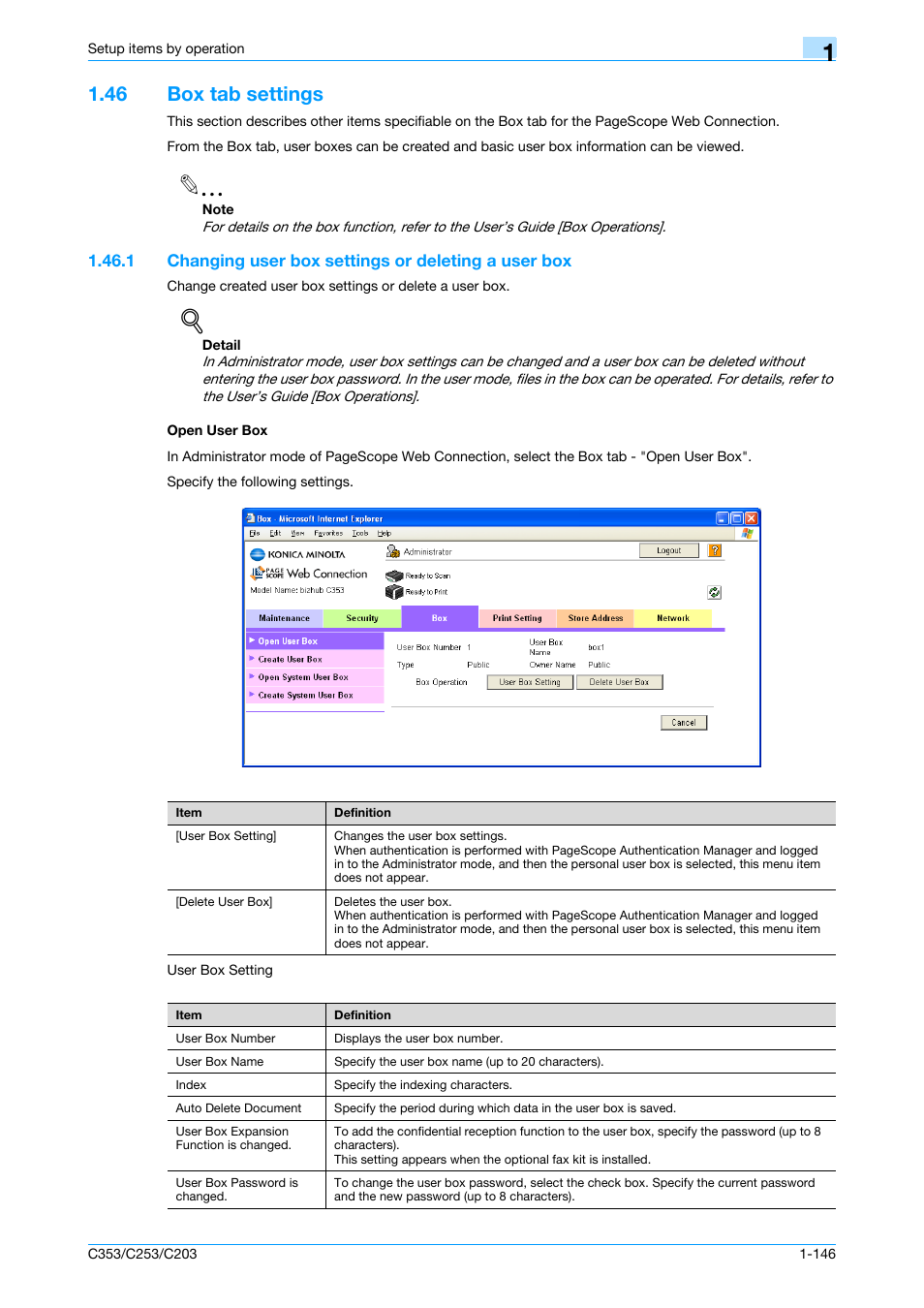 46 box tab settings, Open user box, Box tab settings -146 | Konica Minolta bizhub C353 User Manual | Page 159 / 220