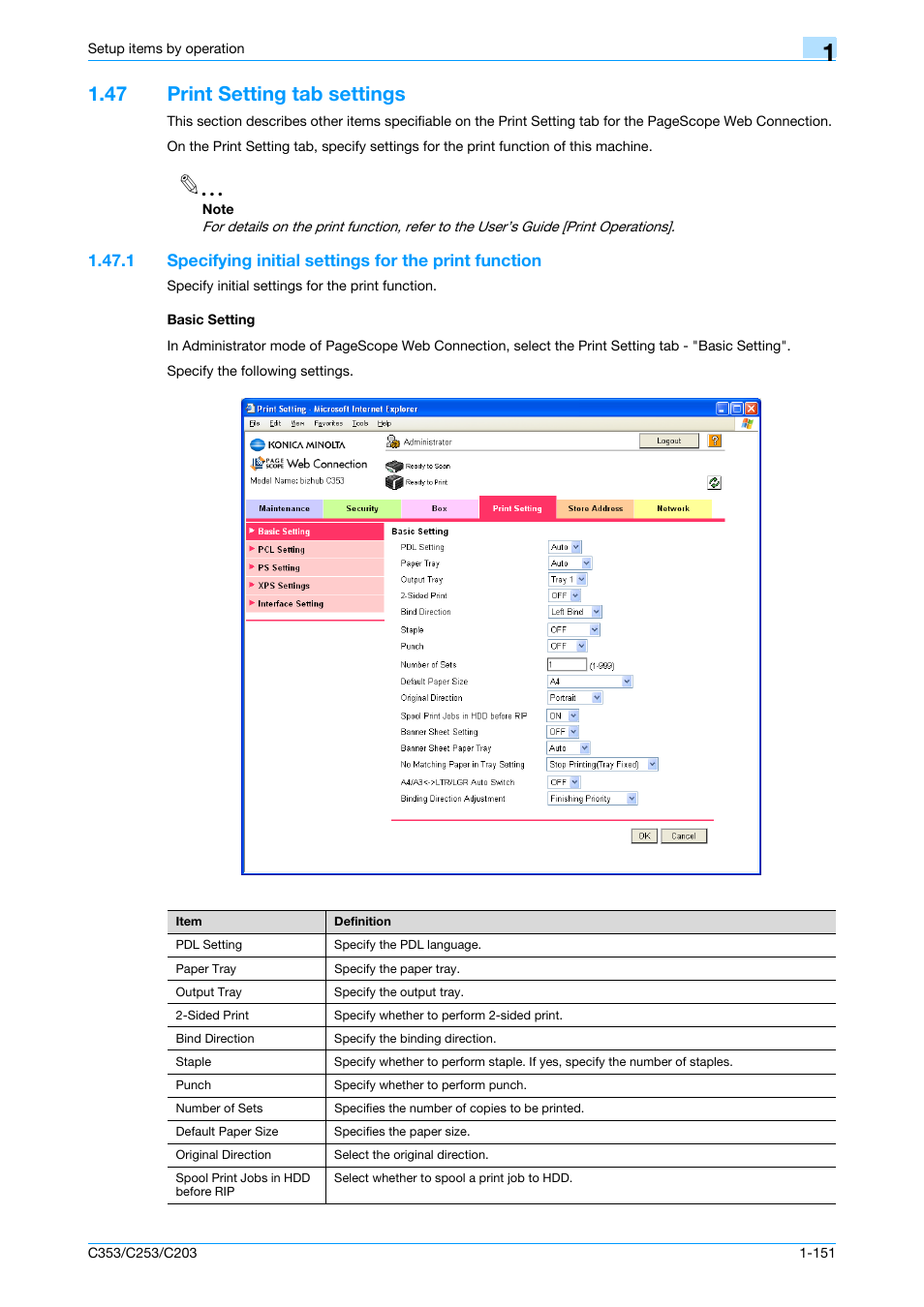 47 print setting tab settings, Basic setting, Print setting tab settings -151 | Konica Minolta bizhub C353 User Manual | Page 164 / 220