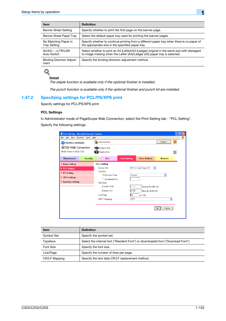 2 specifying settings for pcl/ps/xps print, Pcl settings | Konica Minolta bizhub C353 User Manual | Page 165 / 220