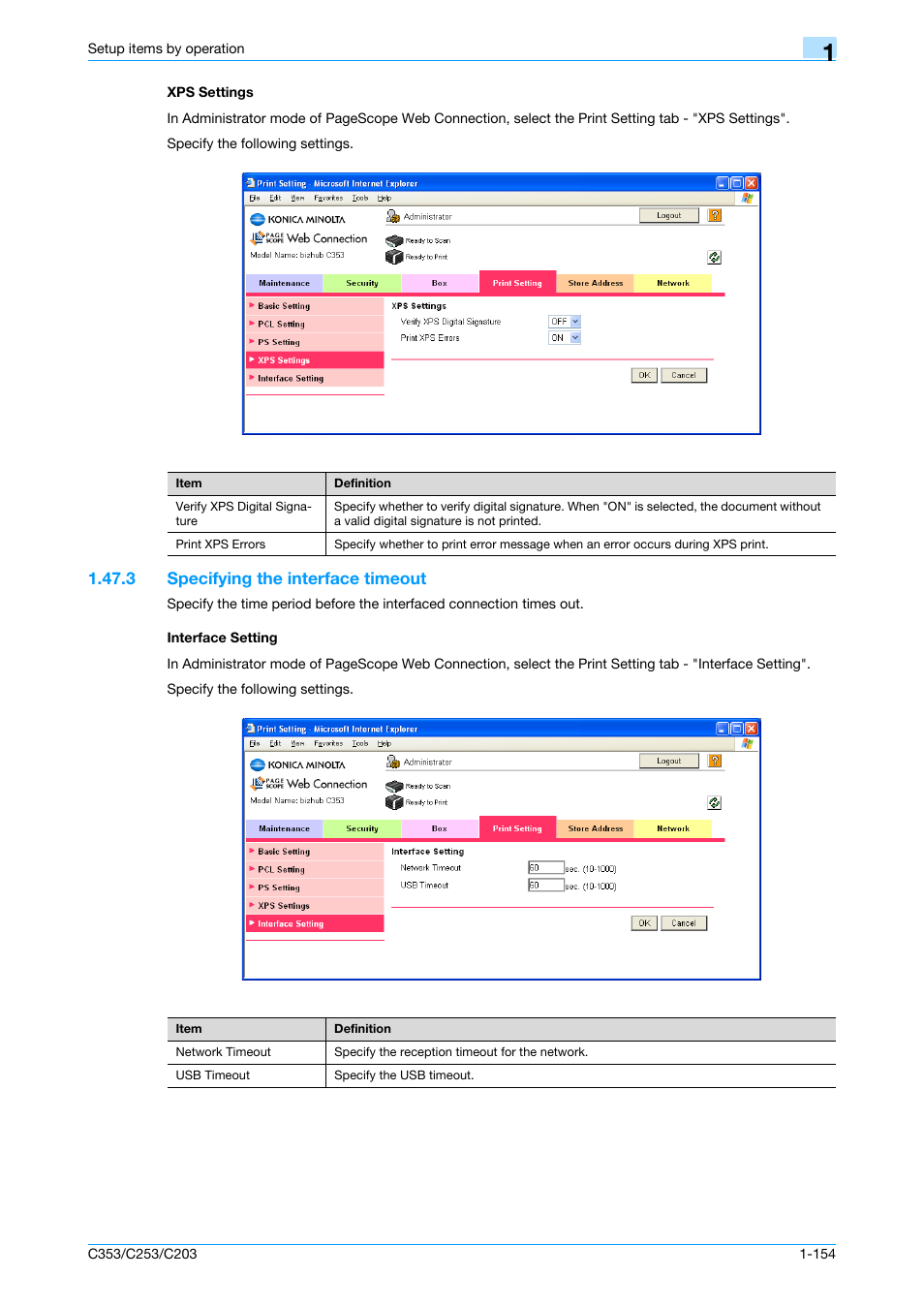 Xps settings, 3 specifying the interface timeout, Interface setting | Xps settings -154 | Konica Minolta bizhub C353 User Manual | Page 167 / 220