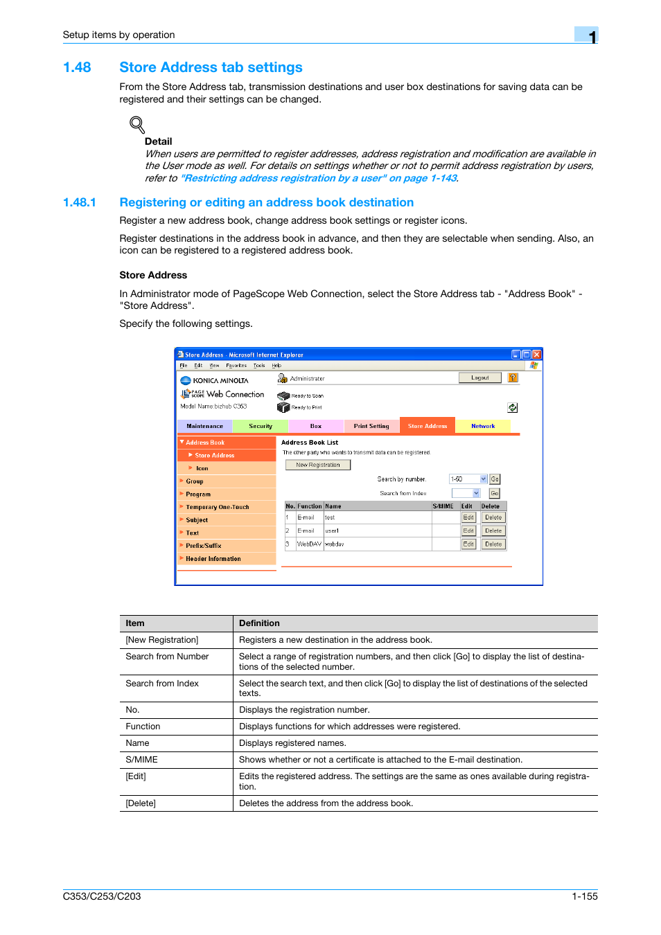 48 store address tab settings, Store address, Store address tab settings -155 | Registering or editing an address book, Es, refer to, Registering or editing an address | Konica Minolta bizhub C353 User Manual | Page 168 / 220