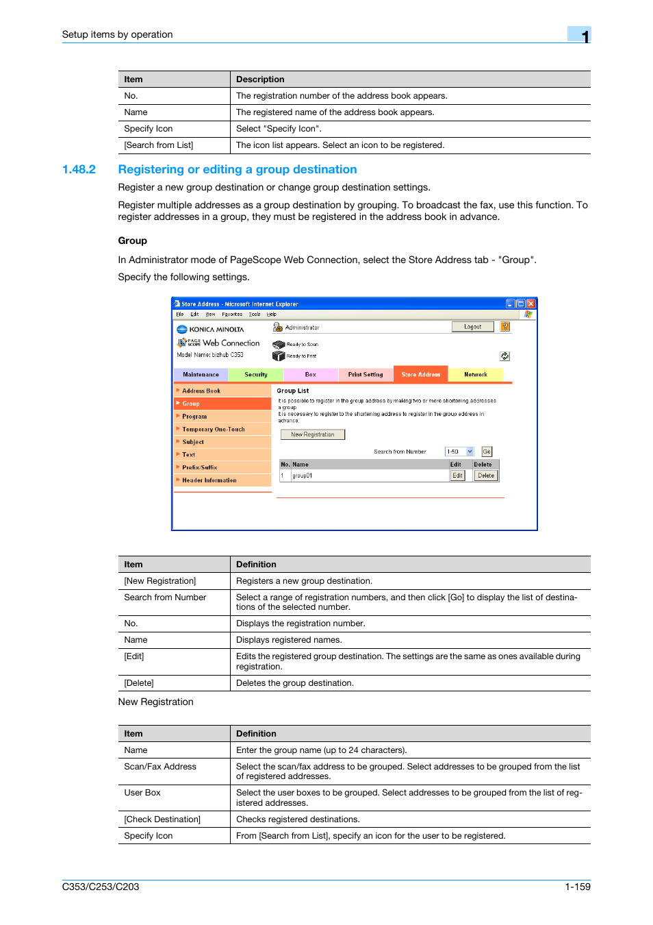 2 registering or editing a group destination, Group | Konica Minolta bizhub C353 User Manual | Page 172 / 220