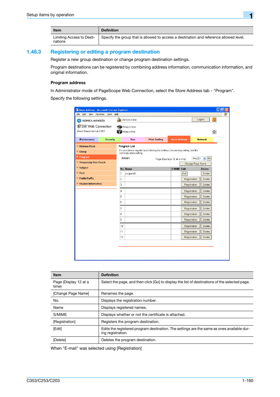 3 registering or editing a program destination, Program address | Konica Minolta bizhub C353 User Manual | Page 173 / 220