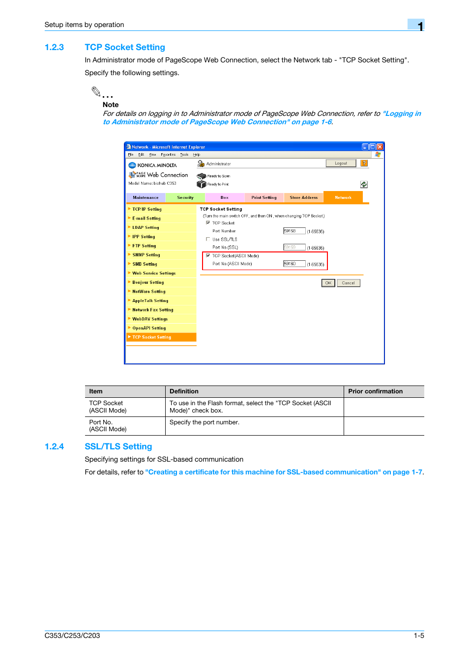 3 tcp socket setting, 4 ssl/tls setting, Tcp socket setting -5 | Ssl/tls setting -5, Tcp socket setting, Ssl/tls setting | Konica Minolta bizhub C353 User Manual | Page 18 / 220