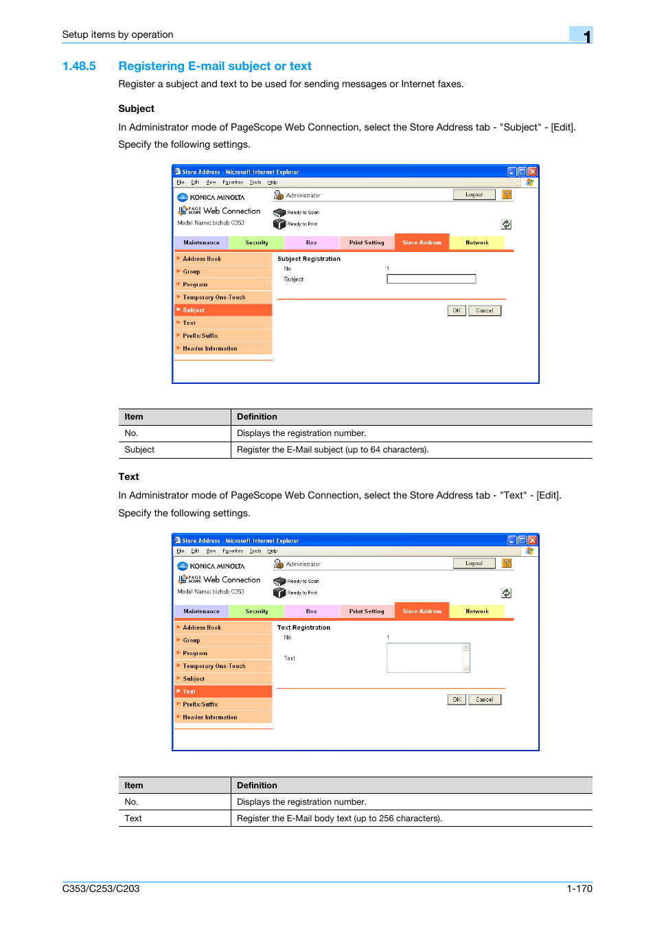 5 registering e-mail subject or text, Subject, Text | Konica Minolta bizhub C353 User Manual | Page 183 / 220