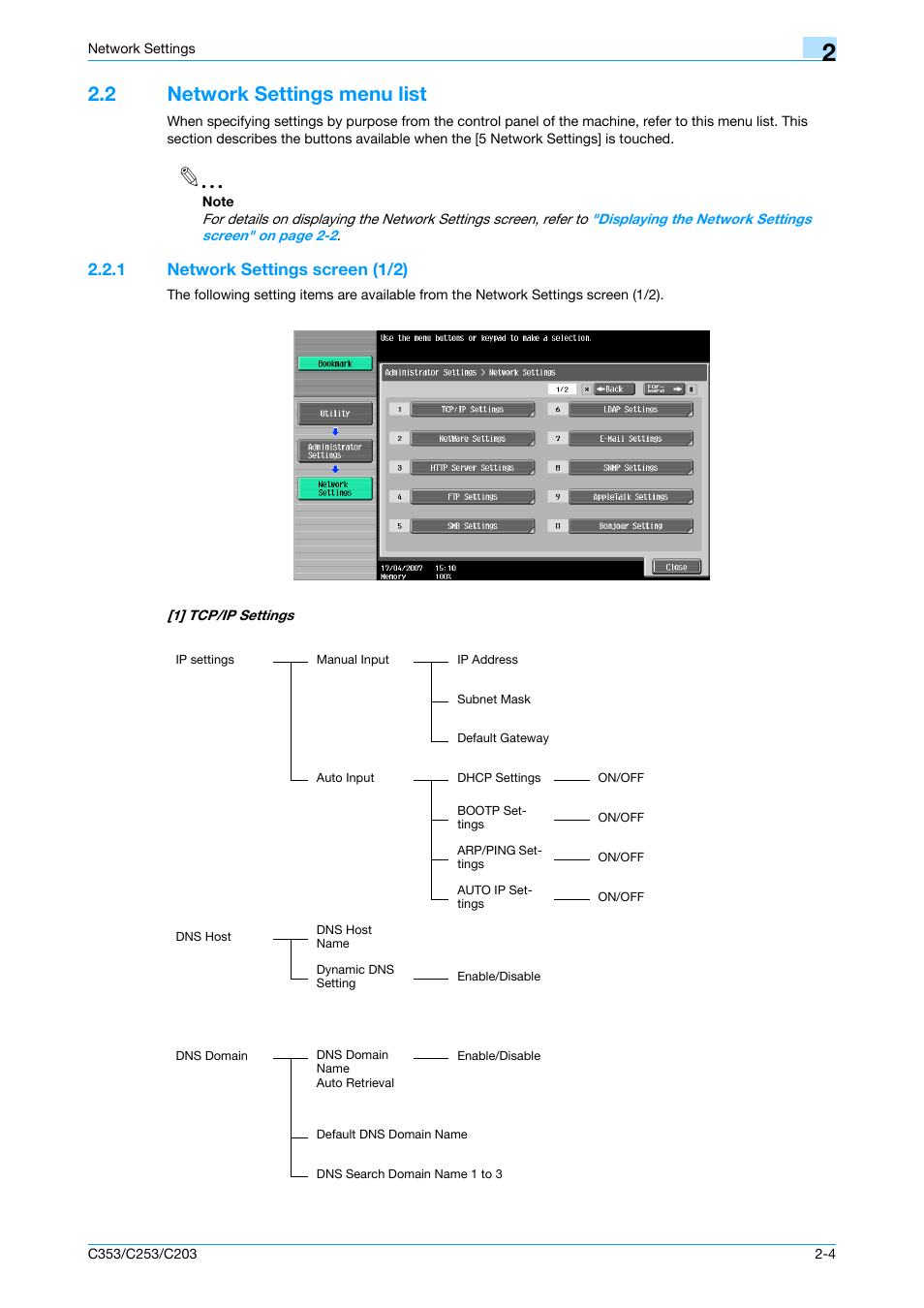 2 network settings menu list, 1 network settings screen (1/2), Network settings menu list -4 | Network settings screen (1/2) -4 | Konica Minolta bizhub C353 User Manual | Page 191 / 220