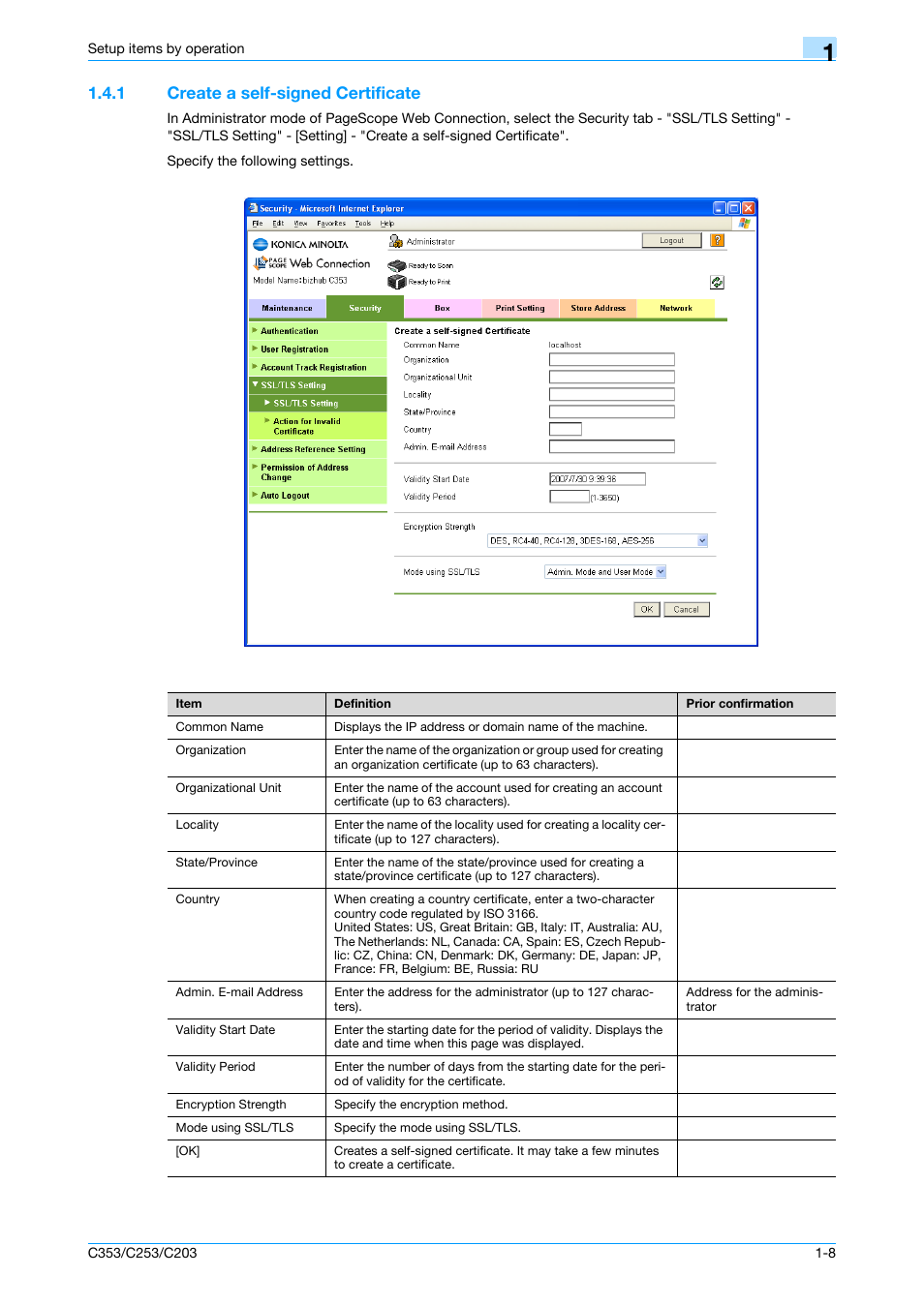 1 create a self-signed certificate, Create a self-signed certificate -8, Create a self-signed certificate | Konica Minolta bizhub C353 User Manual | Page 21 / 220