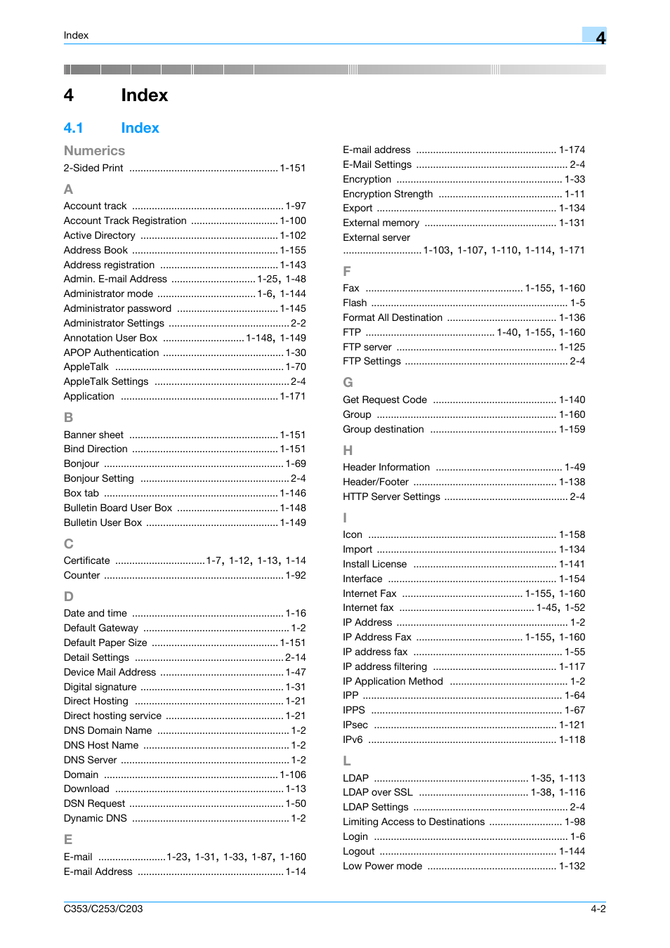 4 index, 1 index, A to l | Index, Index -2, Chapter 4 index, 4index | Konica Minolta bizhub C353 User Manual | Page 217 / 220