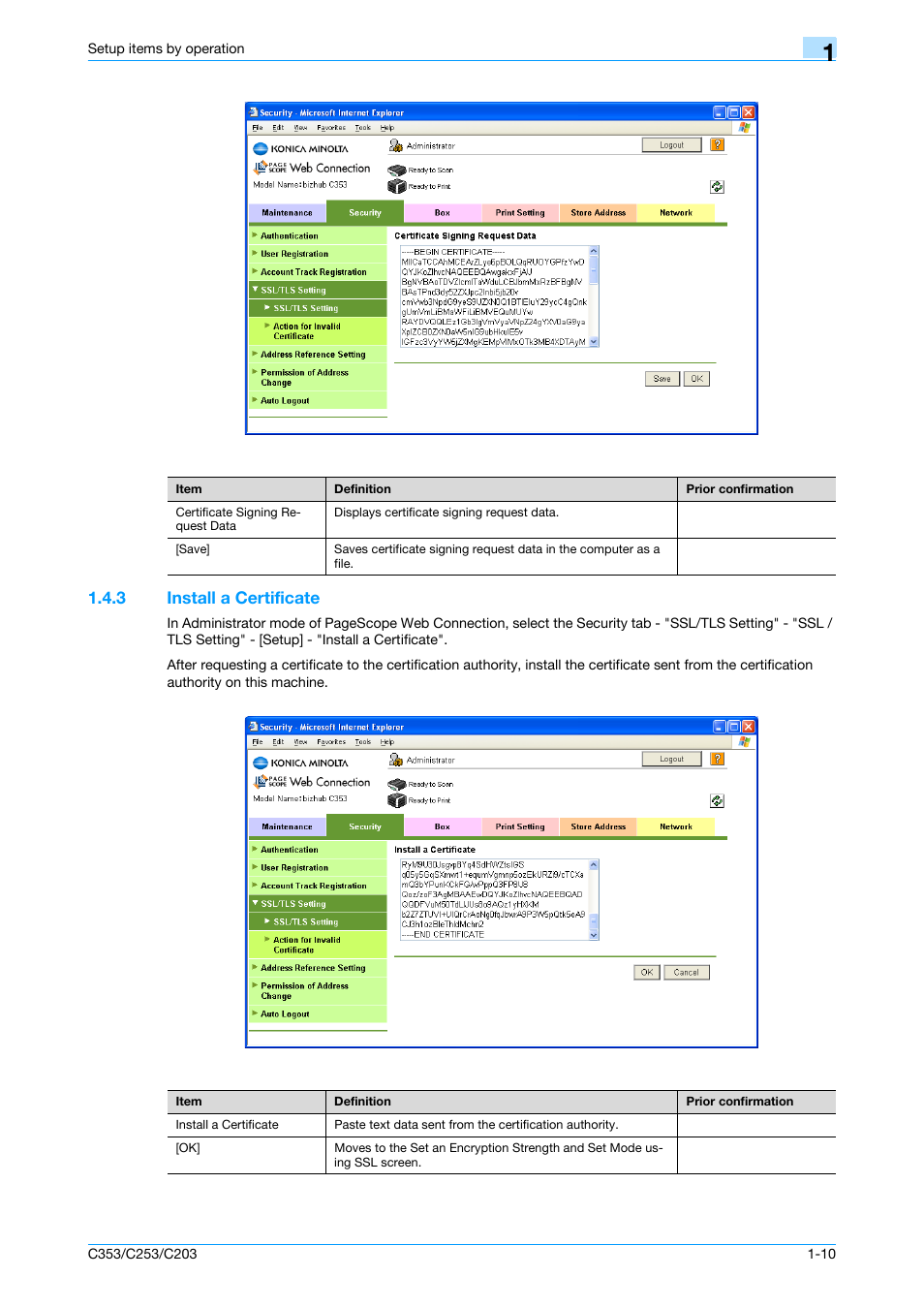 3 install a certificate, Install a certificate -10, Install a certificate | Konica Minolta bizhub C353 User Manual | Page 23 / 220