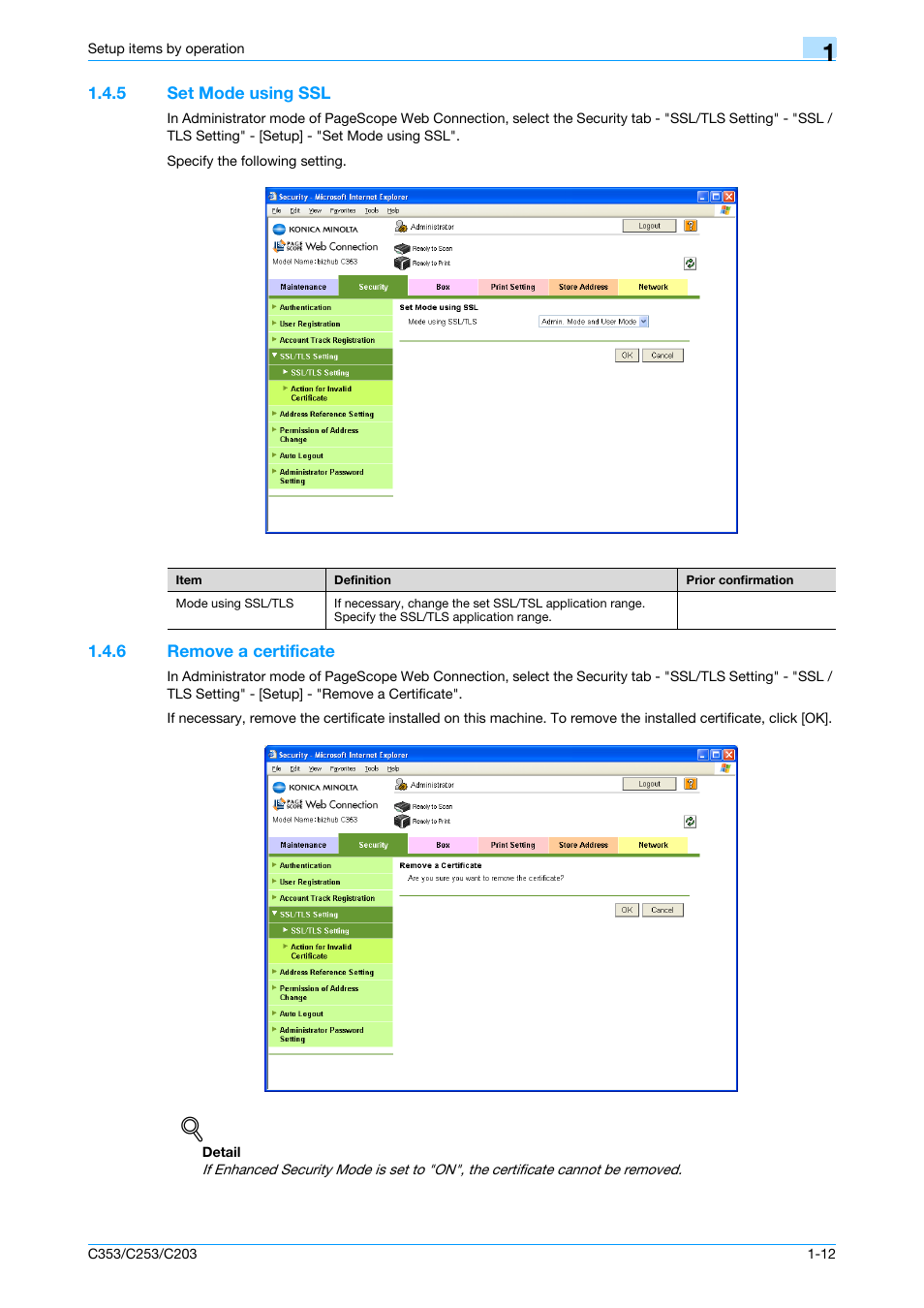 5 set mode using ssl, 6 remove a certificate, Set mode using ssl -12 | Remove a certificate -12, Set mode using ssl | Konica Minolta bizhub C353 User Manual | Page 25 / 220