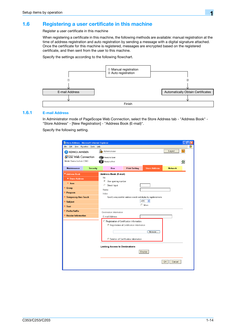 6 registering a user certificate in this machine, 1 e-mail address, Registering a user certificate in this machine -14 | E-mail address -14 | Konica Minolta bizhub C353 User Manual | Page 27 / 220