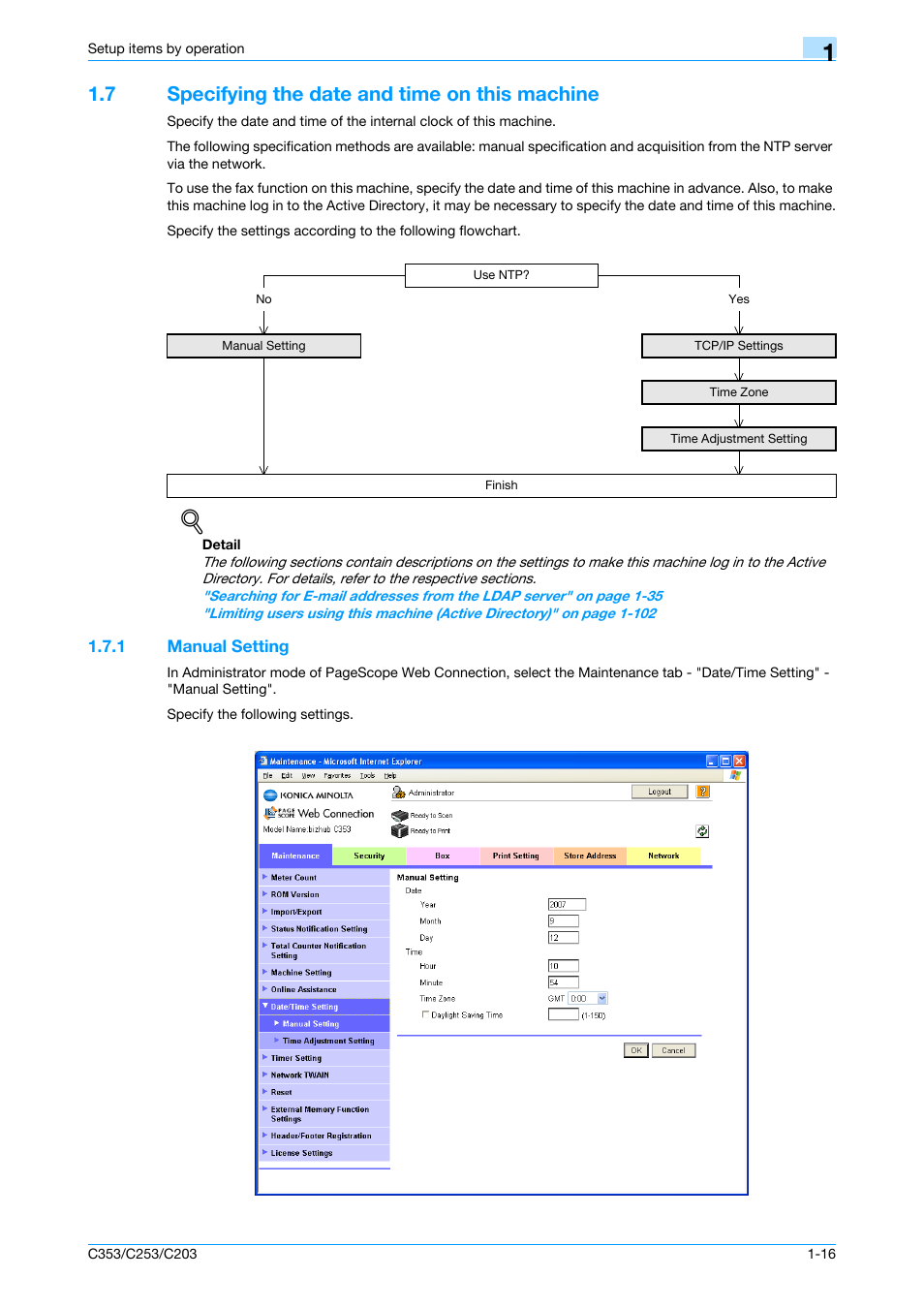 7 specifying the date and time on this machine, 1 manual setting, Specifying the date and time on this machine -16 | Manual setting -16 | Konica Minolta bizhub C353 User Manual | Page 29 / 220