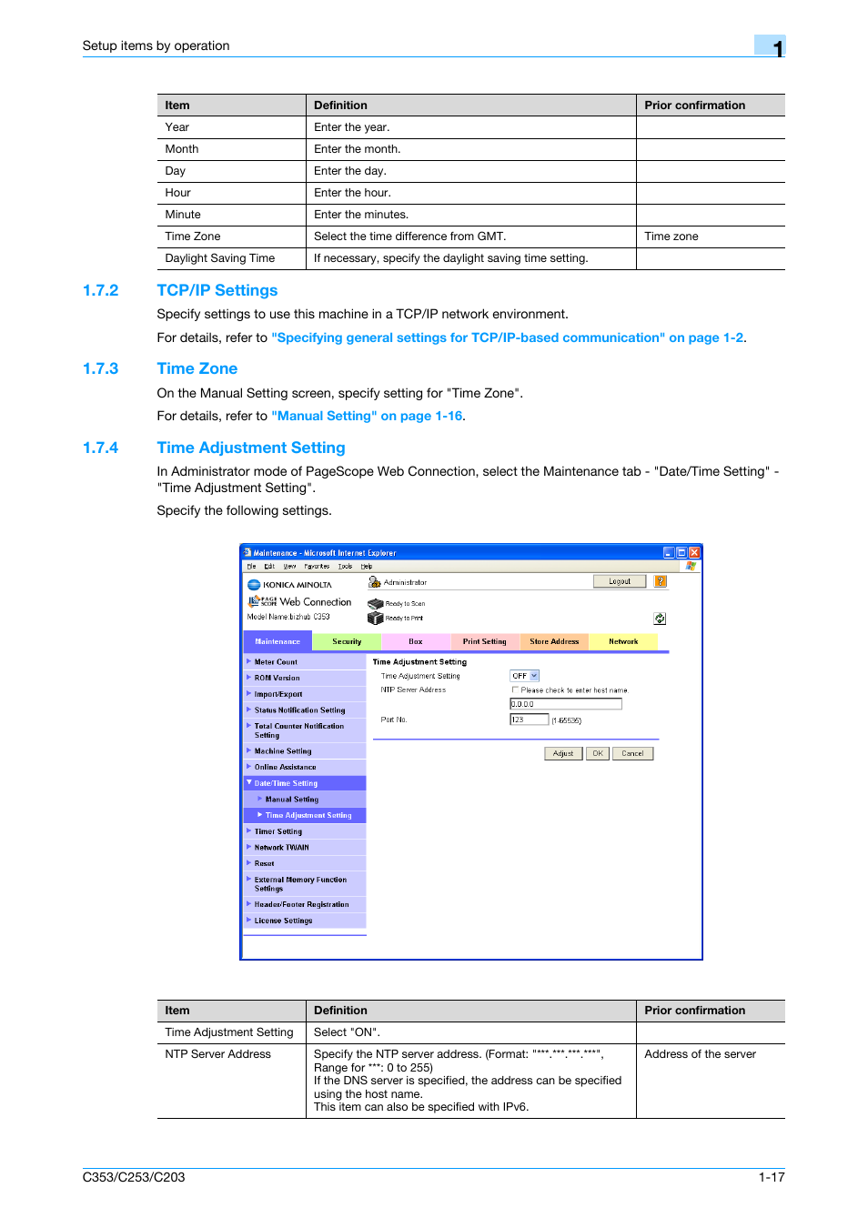 2 tcp/ip settings, 3 time zone, 4 time adjustment setting | Tcp/ip settings -17, Time zone -17, Time adjustment setting -17, Tcp/ip settings, Time zone, Time adjustment setting | Konica Minolta bizhub C353 User Manual | Page 30 / 220