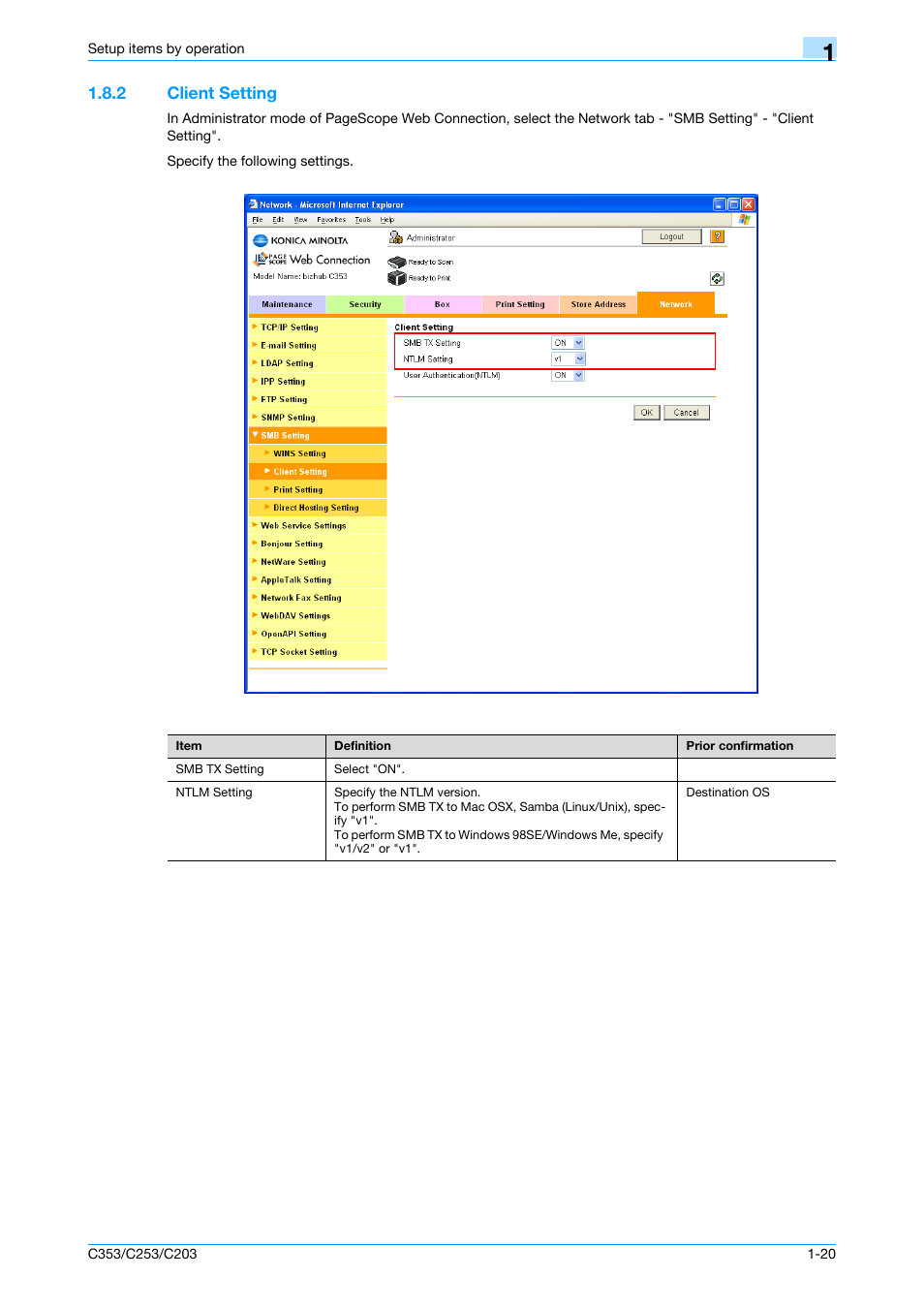 2 client setting, Client setting -20, Client setting | Konica Minolta bizhub C353 User Manual | Page 33 / 220