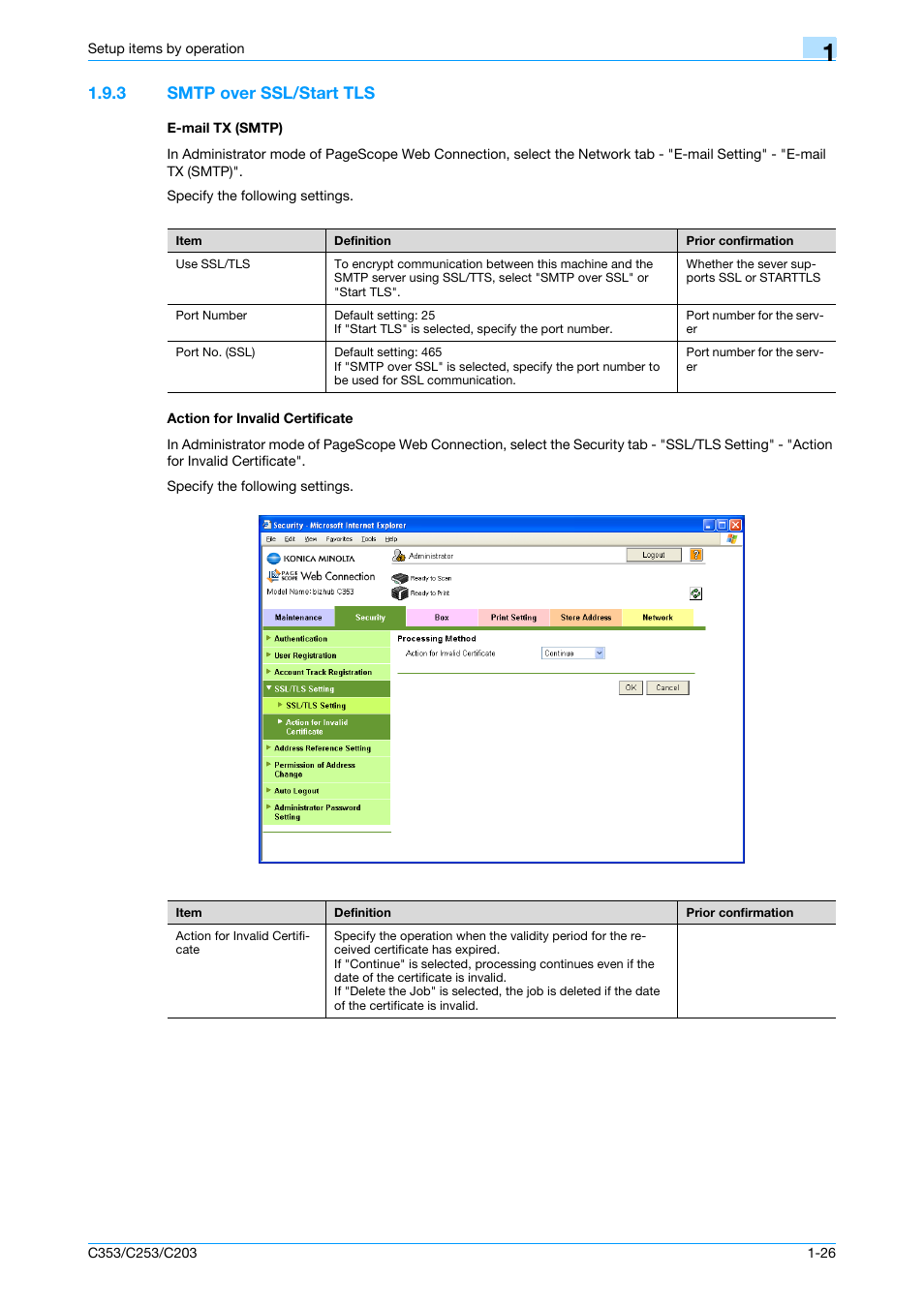 3 smtp over ssl/start tls, E-mail tx (smtp), Action for invalid certificate | Smtp over ssl/start tls | Konica Minolta bizhub C353 User Manual | Page 39 / 220