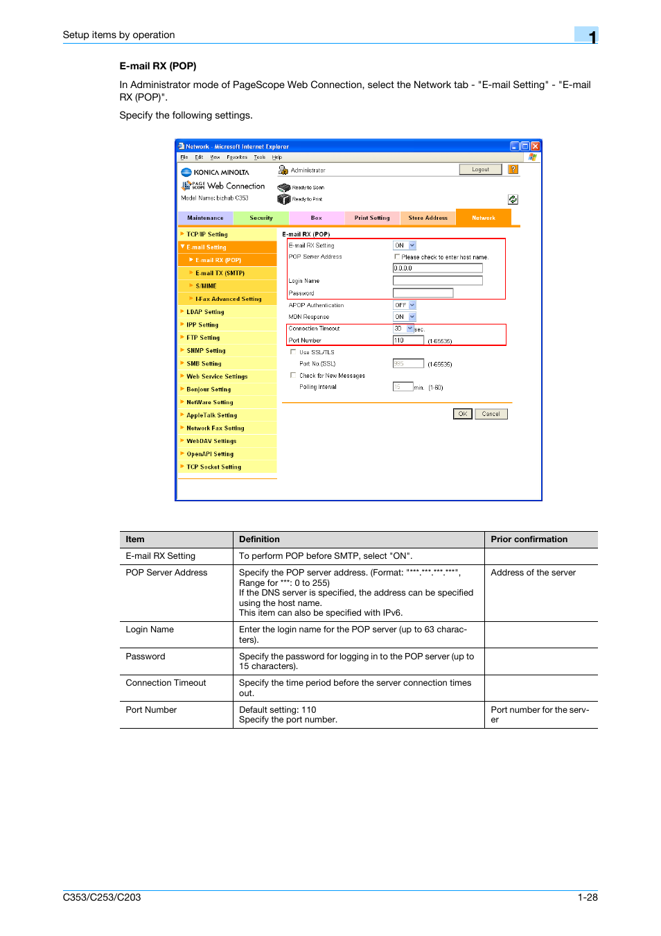 E-mail rx (pop), E-mail rx (pop) -28 | Konica Minolta bizhub C353 User Manual | Page 41 / 220