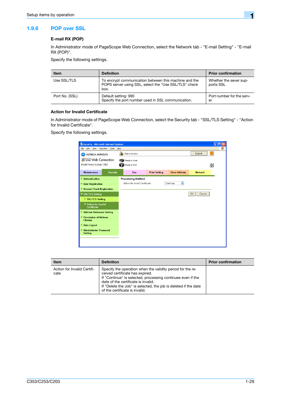 6 pop over ssl, E-mail rx (pop), Action for invalid certificate | Pop over ssl | Konica Minolta bizhub C353 User Manual | Page 42 / 220