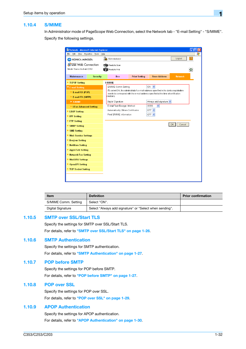 4 s/mime, 5 smtp over ssl/start tls, 6 smtp authentication | 7 pop before smtp, 8 pop over ssl, 9 apop authentication, S/mime -32, Smtp over ssl/start tls -32, Smtp authentication -32, Pop before smtp -32 | Konica Minolta bizhub C353 User Manual | Page 45 / 220