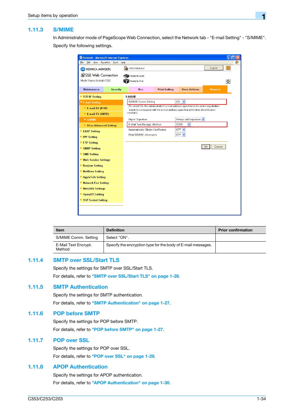 3 s/mime, 4 smtp over ssl/start tls, 5 smtp authentication | 6 pop before smtp, 7 pop over ssl, 8 apop authentication, S/mime -34, Smtp over ssl/start tls -34, Smtp authentication -34, Pop before smtp -34 | Konica Minolta bizhub C353 User Manual | Page 47 / 220