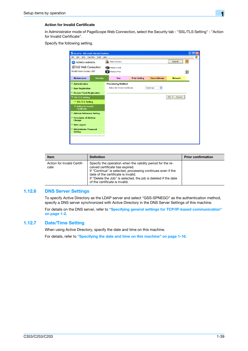 Action for invalid certificate, 6 dns server settings, 7 date/time setting | Action for invalid certificate -39, Dns server settings -39, Date/time setting -39, Dns server settings, Date/time setting | Konica Minolta bizhub C353 User Manual | Page 52 / 220