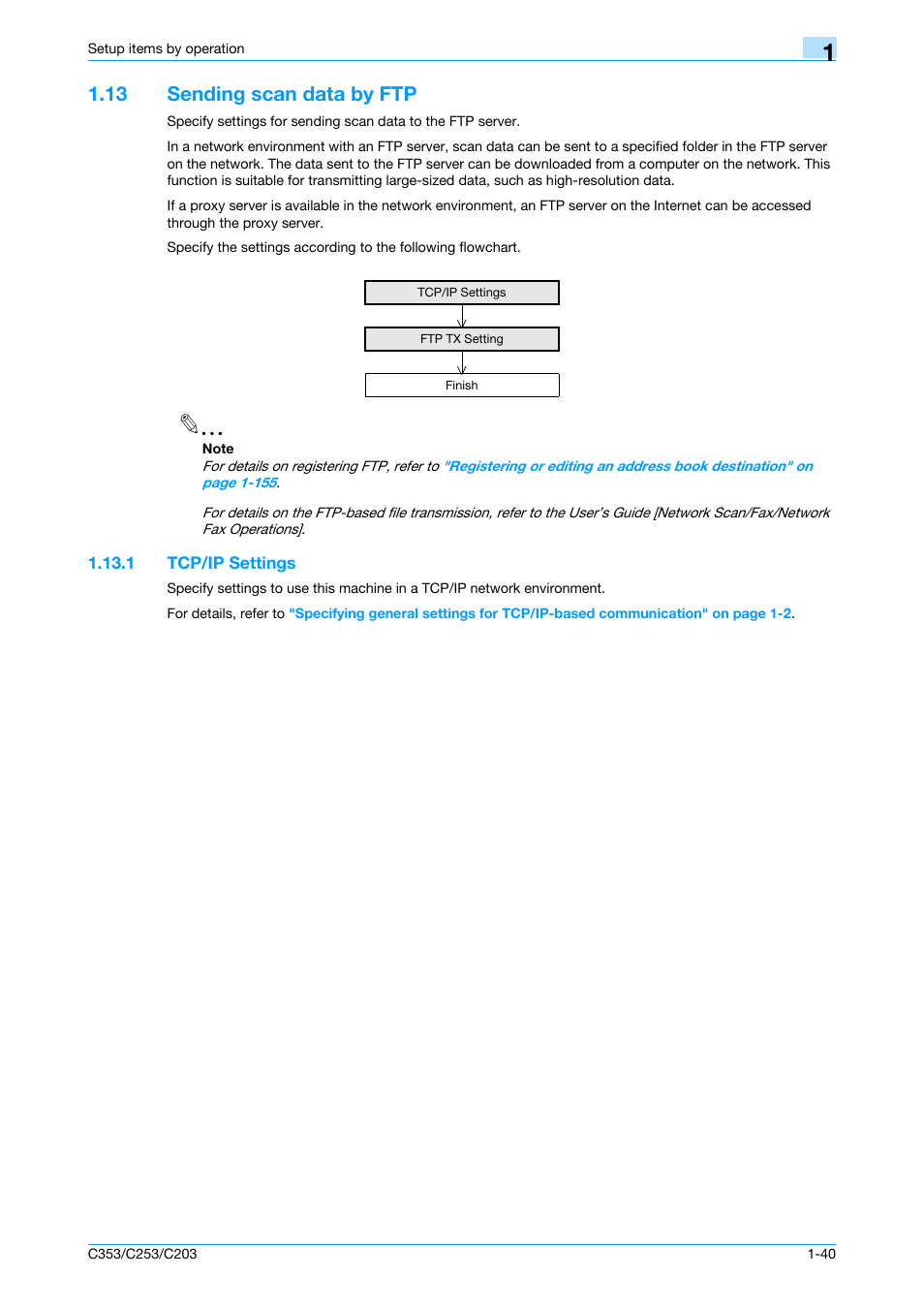 13 sending scan data by ftp, 1 tcp/ip settings, Sending scan data by ftp -40 | Tcp/ip settings -40 | Konica Minolta bizhub C353 User Manual | Page 53 / 220