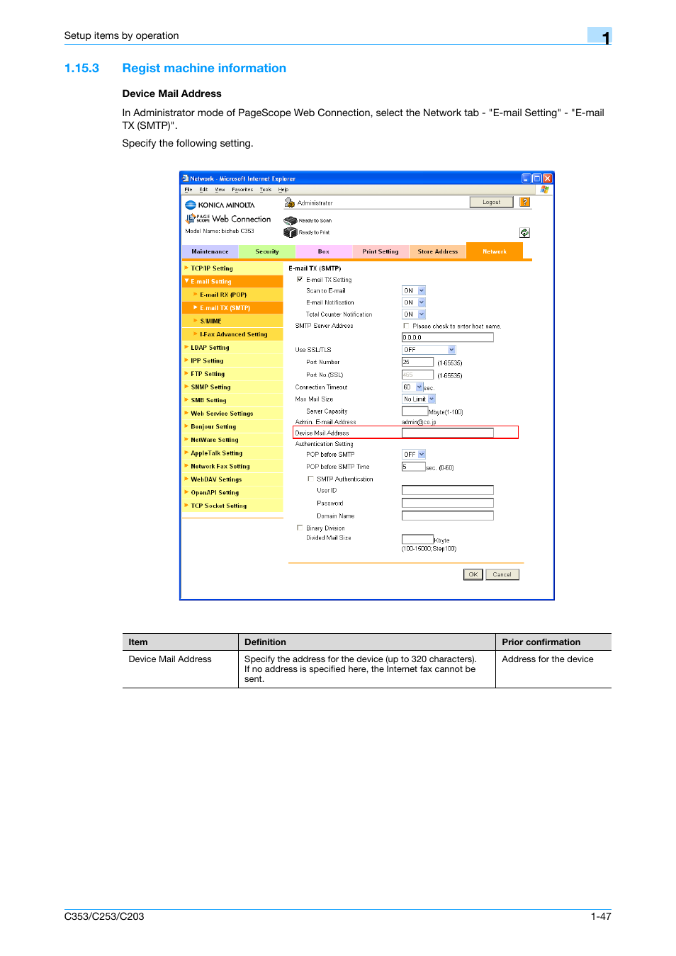 3 regist machine information, Device mail address, Regist machine informa | Tion | Konica Minolta bizhub C353 User Manual | Page 60 / 220