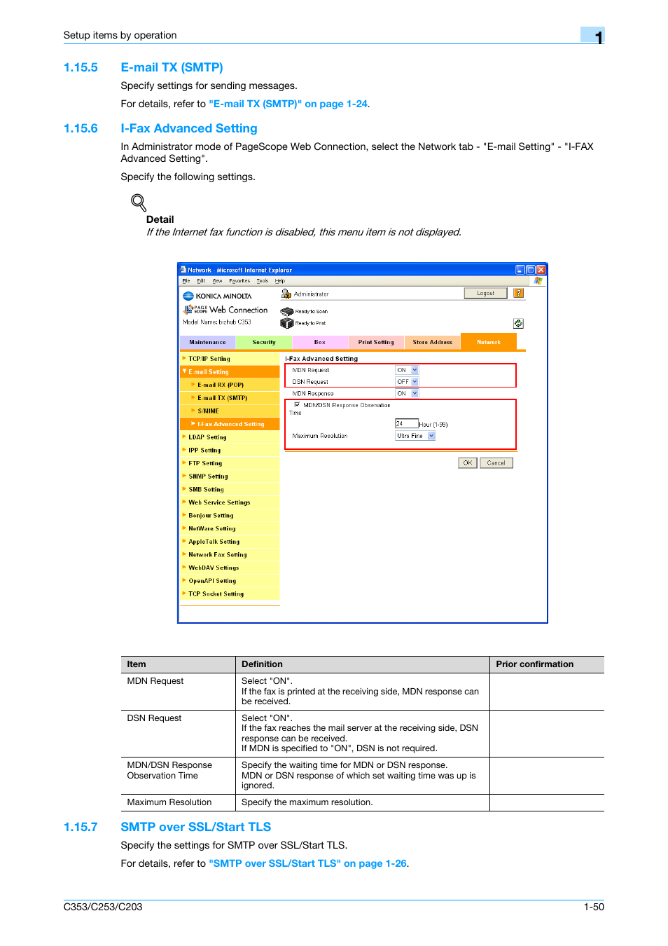 5 e-mail tx (smtp), 6 i-fax advanced setting, 7 smtp over ssl/start tls | E-mail tx (smtp) -50, I-fax advanced setting -50, Smtp over ssl/start tls -50, E-mail tx (smtp), I-fax advanced setting, Smtp over ssl/start tls | Konica Minolta bizhub C353 User Manual | Page 63 / 220