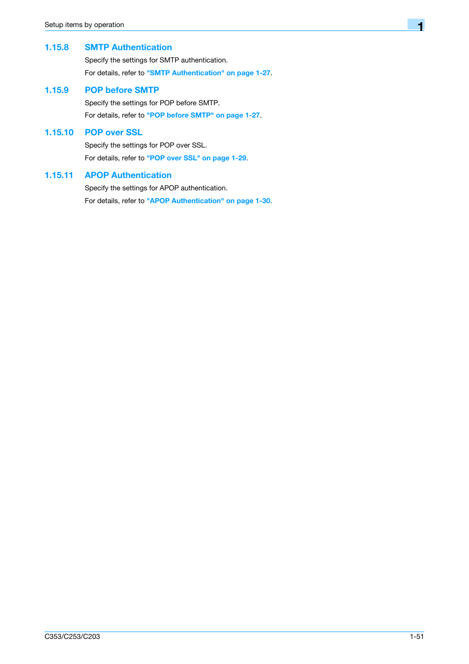 8 smtp authentication, 9 pop before smtp, 10 pop over ssl | 11 apop authentication, Smtp authentication -51, Pop before smtp -51, Pop over ssl -51, Apop authentication -51, Smtp authentication, Pop before smtp | Konica Minolta bizhub C353 User Manual | Page 64 / 220