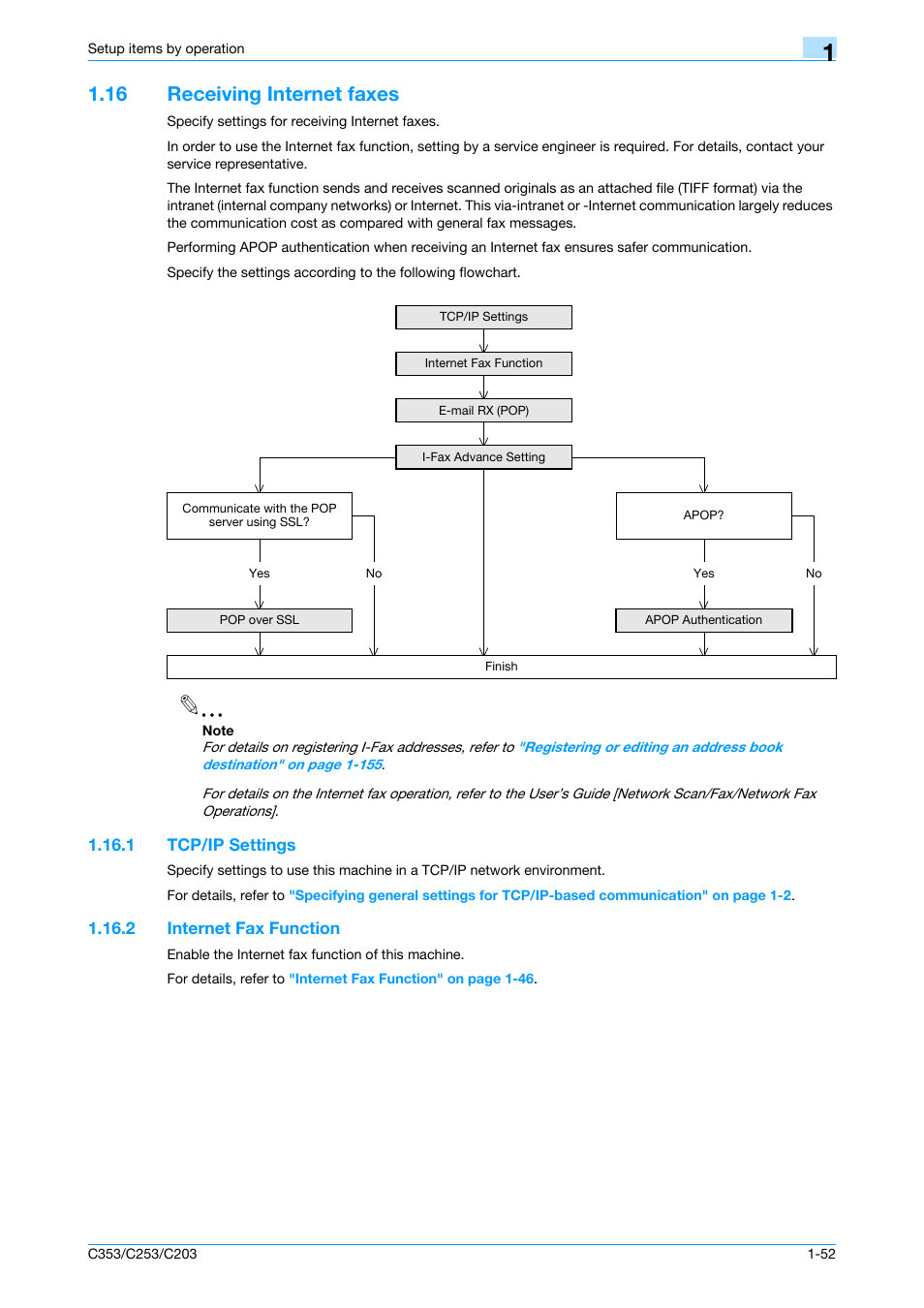 16 receiving internet faxes, 1 tcp/ip settings, 2 internet fax function | Receiving internet faxes -52, Tcp/ip settings -52, Internet fax function -52 | Konica Minolta bizhub C353 User Manual | Page 65 / 220