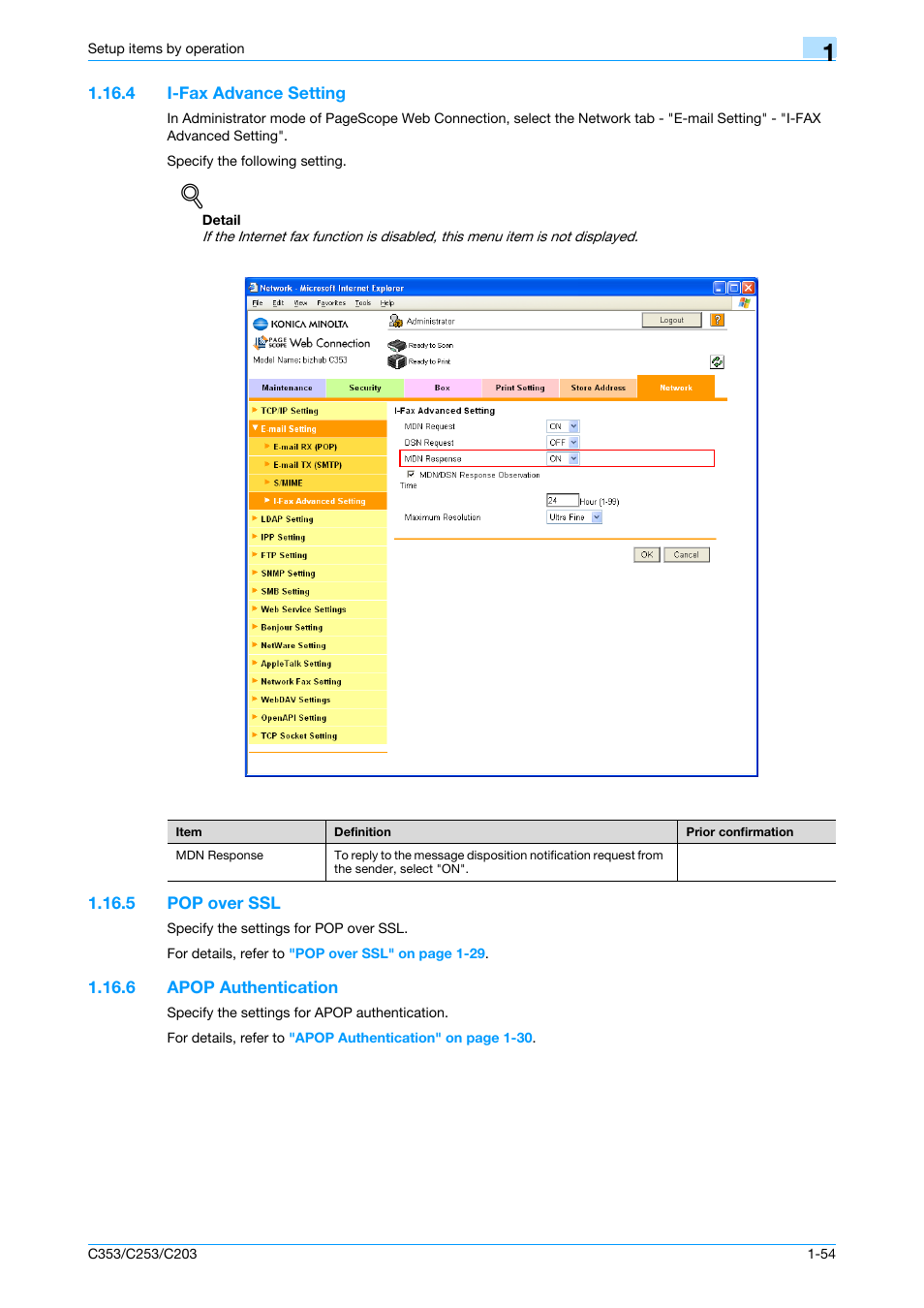 4 i-fax advance setting, 5 pop over ssl, 6 apop authentication | I-fax advance setting -54, Pop over ssl -54, Apop authentication -54, I-fax advance setting, Pop over ssl, Apop authentication | Konica Minolta bizhub C353 User Manual | Page 67 / 220