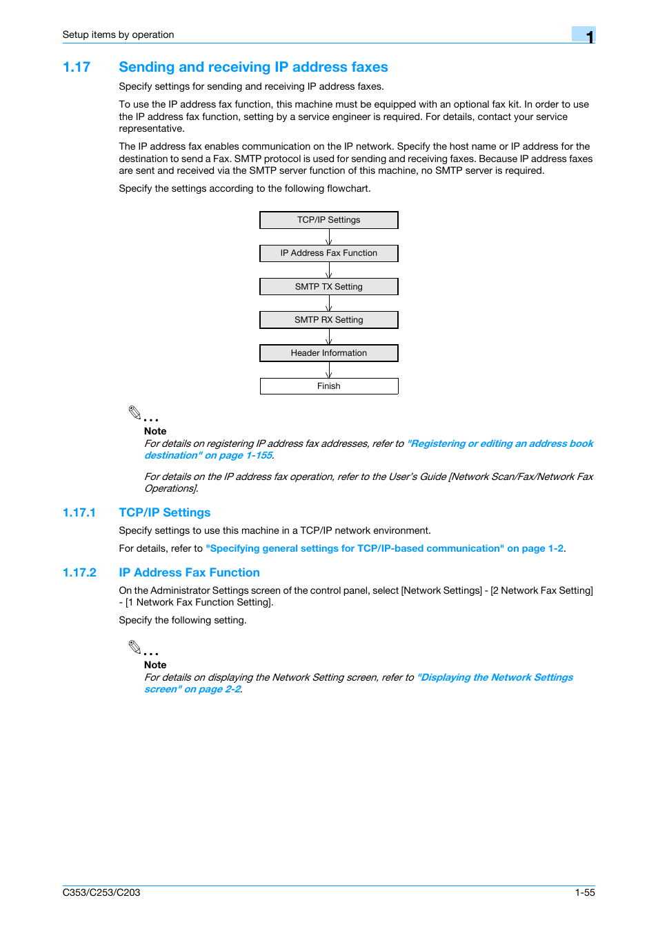 17 sending and receiving ip address faxes, 1 tcp/ip settings, 2 ip address fax function | Sending and receiving ip address faxes -55, Tcp/ip settings -55, Ip address fax function -55 | Konica Minolta bizhub C353 User Manual | Page 68 / 220