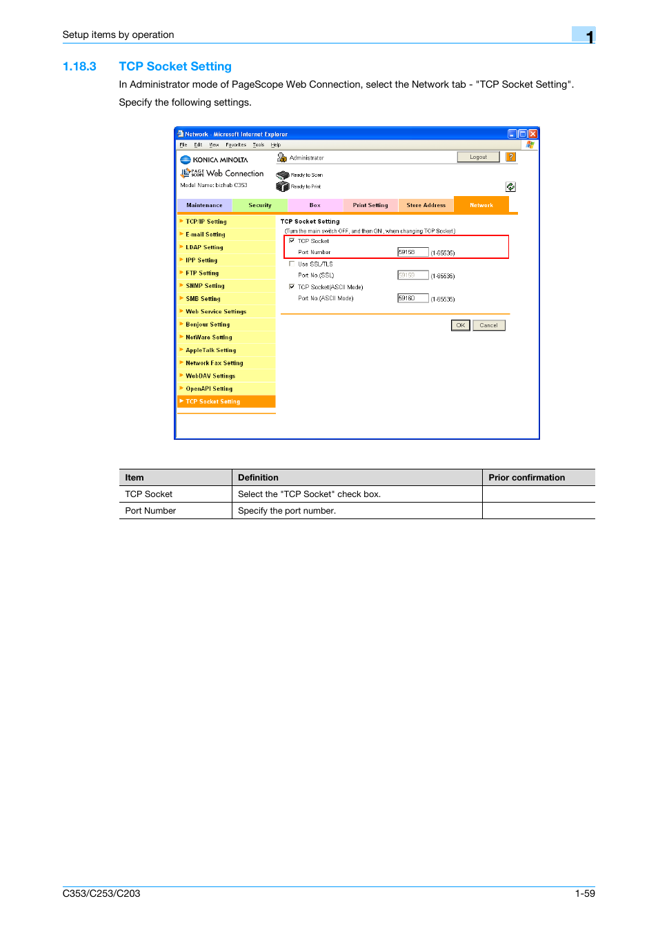 3 tcp socket setting, Tcp socket setting -59, Tcp socket setting | Konica Minolta bizhub C353 User Manual | Page 72 / 220