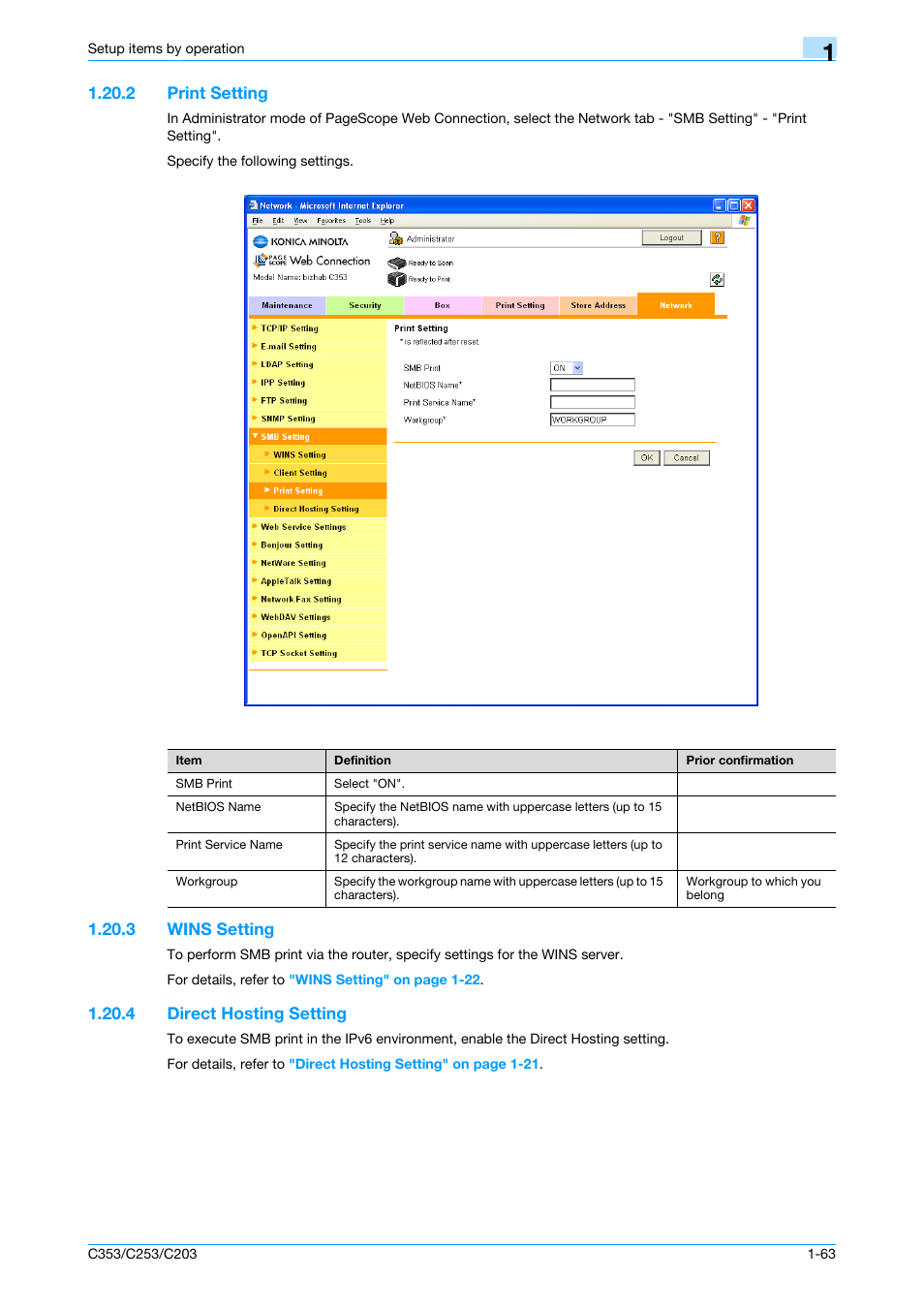 2 print setting, 3 wins setting, 4 direct hosting setting | Print setting -63, Wins setting -63, Direct hosting setting -63, Print setting, Direct hosting setting | Konica Minolta bizhub C353 User Manual | Page 76 / 220
