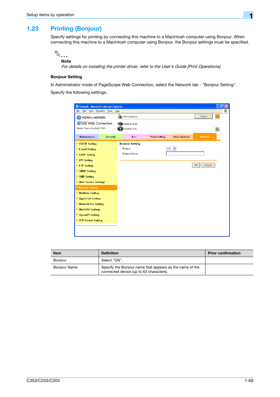 23 printing (bonjour), Bonjour setting, Printing (bonjour) -69 bonjour setting -69 | Konica Minolta bizhub C353 User Manual | Page 82 / 220