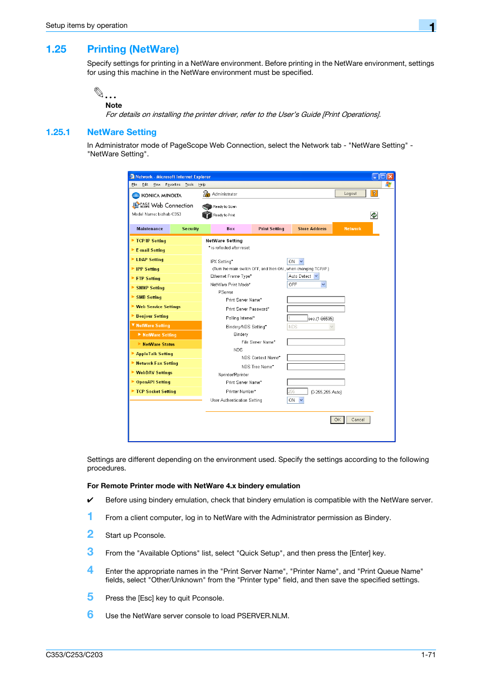 25 printing (netware), 1 netware setting, Printing (netware) -71 | Konica Minolta bizhub C353 User Manual | Page 84 / 220