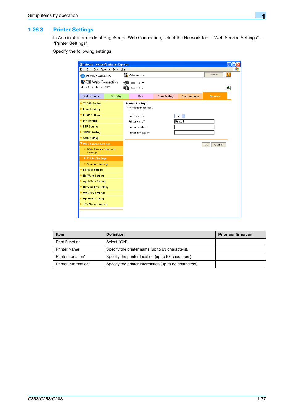 3 printer settings, Printer settings -77, Printer settings | Konica Minolta bizhub C353 User Manual | Page 90 / 220