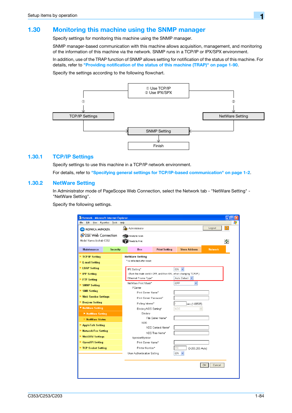 30 monitoring this machine using the snmp manager, 1 tcp/ip settings, 2 netware setting | Monitoring this machine using the snmp manager -84, Tcp/ip settings -84, Netware setting -84 | Konica Minolta bizhub C353 User Manual | Page 97 / 220