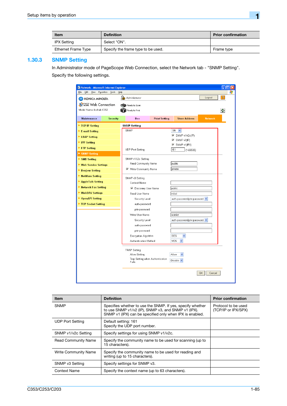 3 snmp setting, Snmp setting -85, Snmp setting | Konica Minolta bizhub C353 User Manual | Page 98 / 220