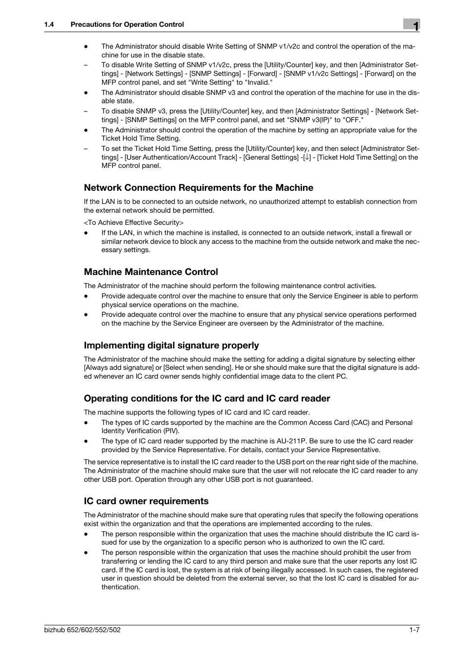 Network connection requirements for the machine, Machine maintenance control, Implementing digital signature properly | Ic card owner requirements | Konica Minolta bizhub 652 User Manual | Page 10 / 56