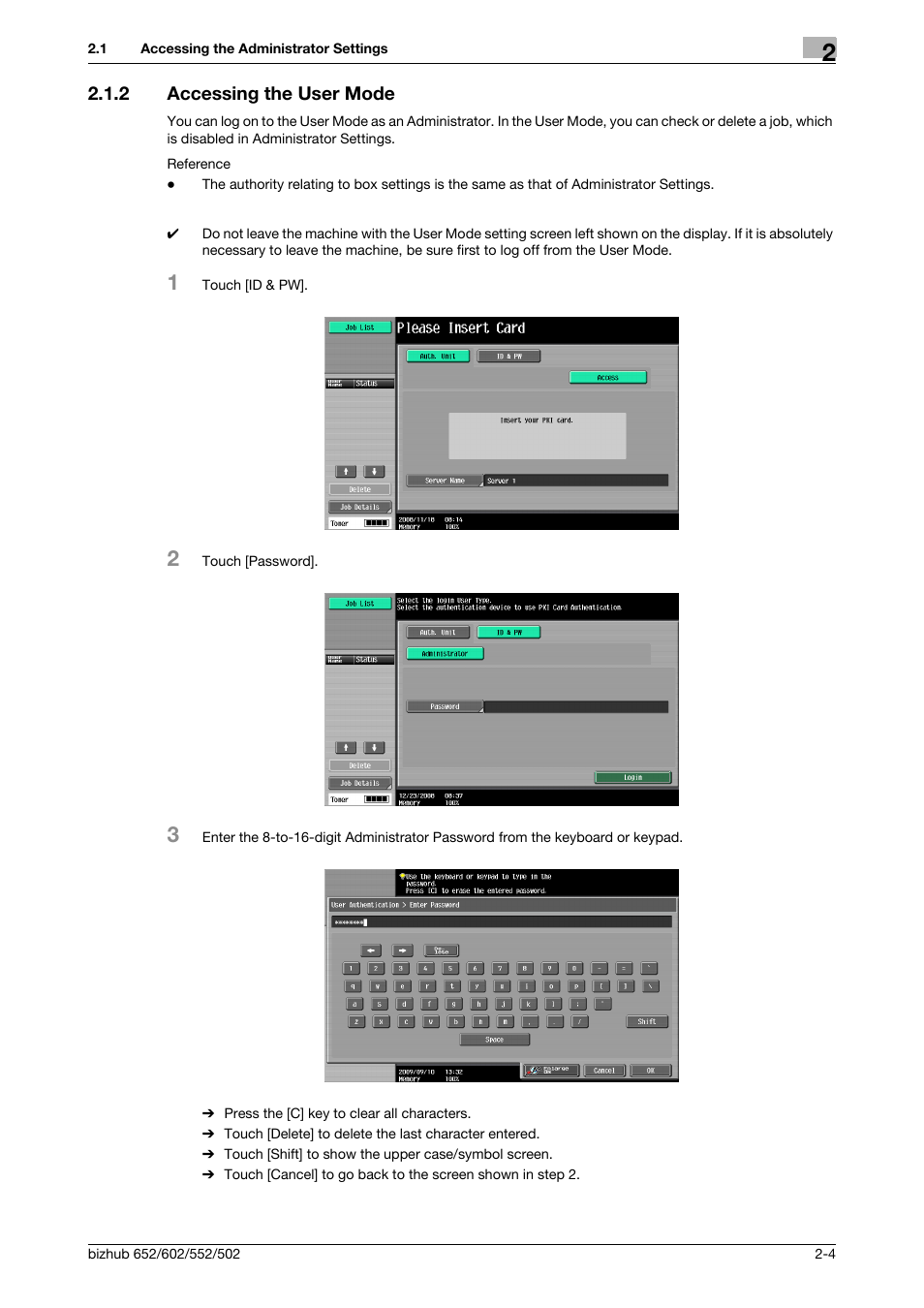 2 accessing the user mode, Accessing the user mode -4 | Konica Minolta bizhub 652 User Manual | Page 17 / 56