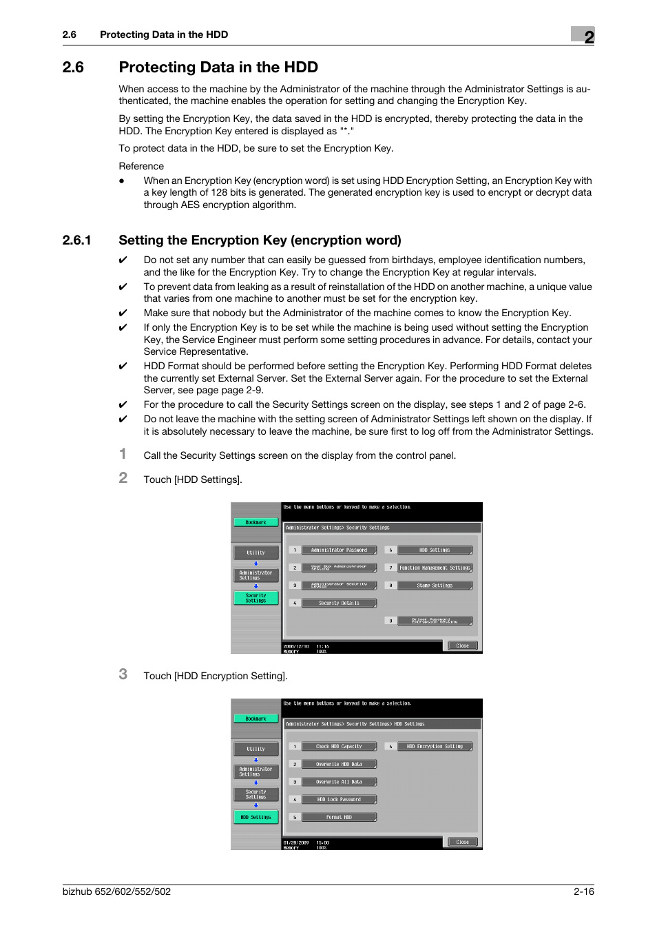 6 protecting data in the hdd, 1 setting the encryption key (encryption word), Protecting data in the hdd -16 | Setting the encryption key (encryption word) -16 | Konica Minolta bizhub 652 User Manual | Page 29 / 56