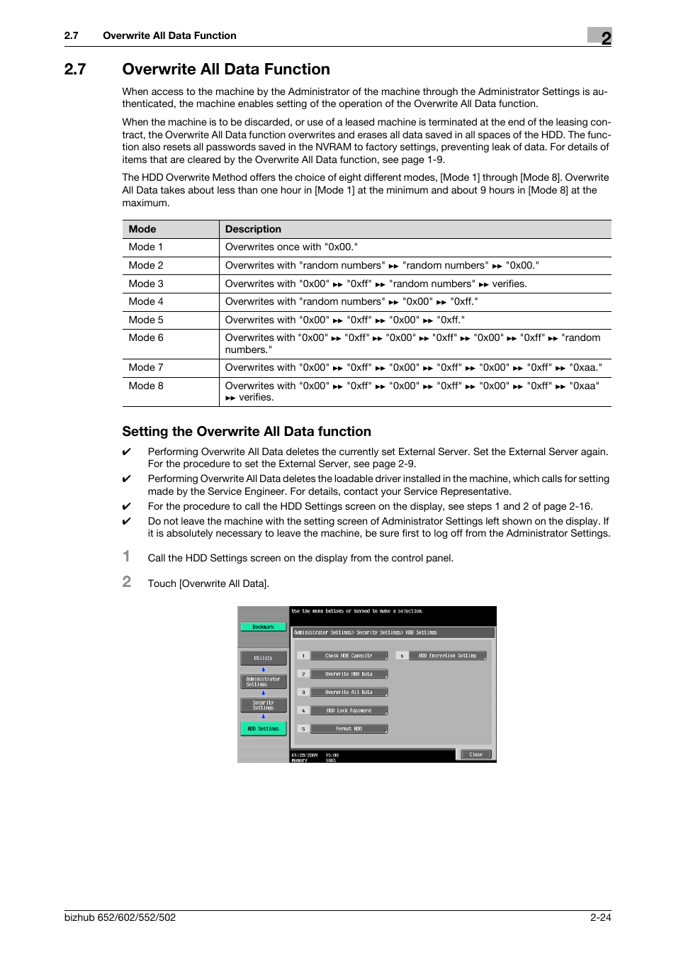 7 overwrite all data function, Setting the overwrite all data function | Konica Minolta bizhub 652 User Manual | Page 37 / 56