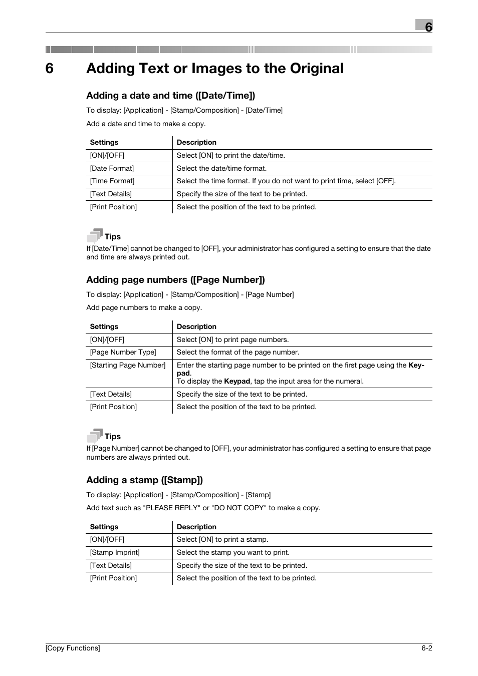 6 adding text or images to the original, Adding a date and time ([date/time]), Adding a stamp ([stamp]) | Adding text or images to the original, 6adding text or images to the original, Adding page numbers ([page number]) | Konica Minolta bizhub C3350 User Manual | Page 26 / 30